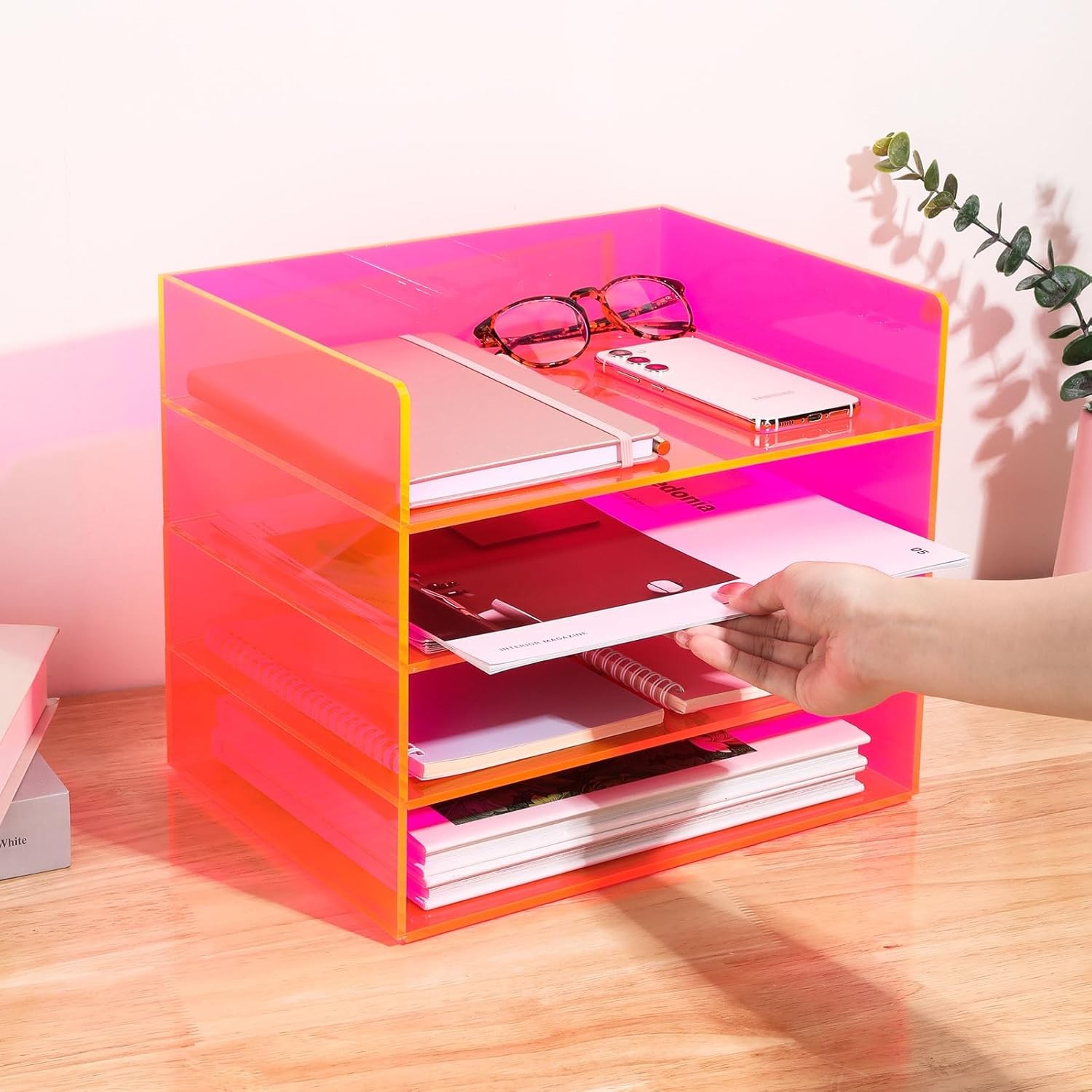 Acrylic File Organizer Desk 4 Tiered Stackable Letter Tray Office Paper Storage