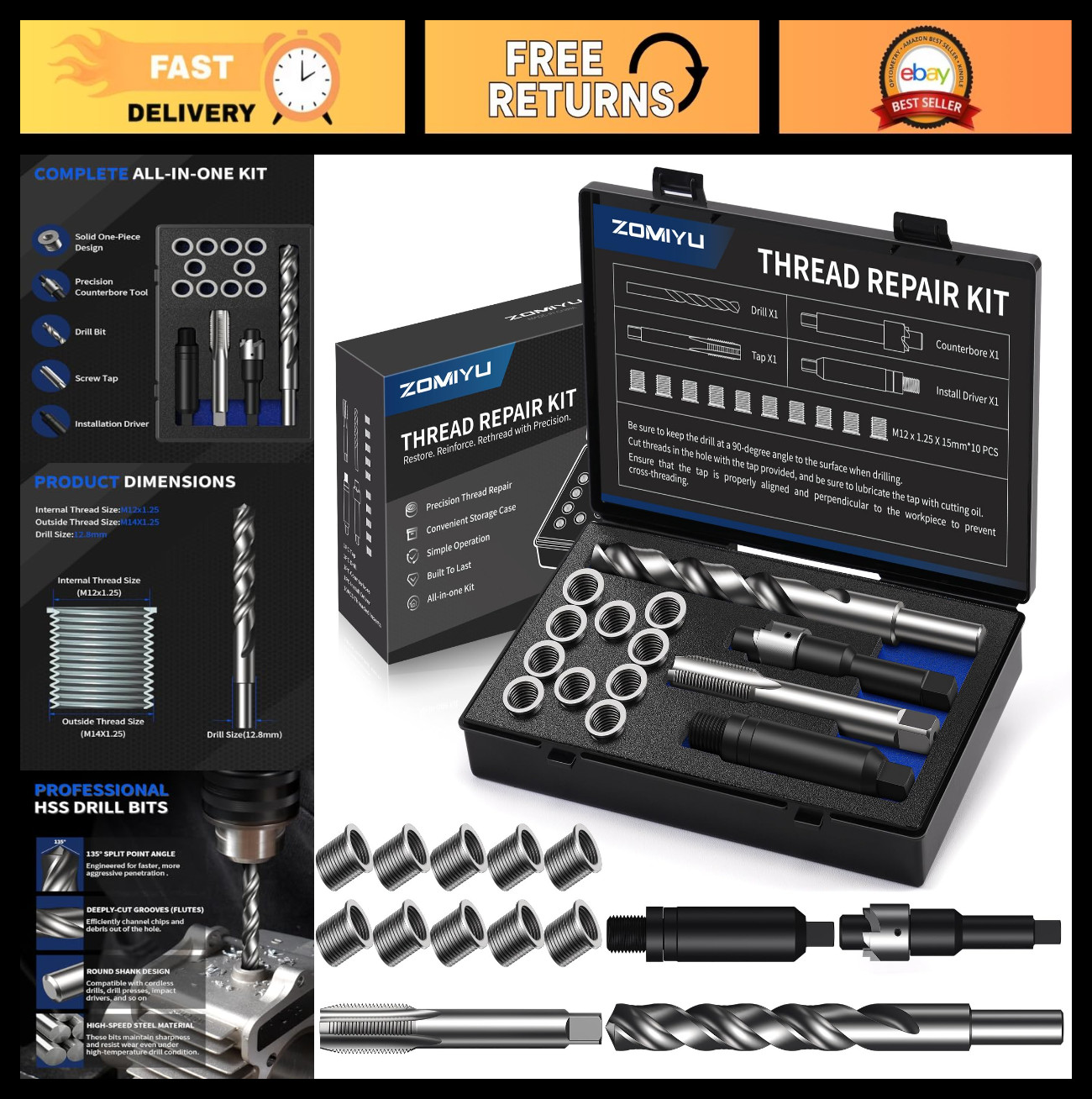 M12x1.25 Metric Thread Repair Kit - HSS Drill, Tap, Counterbore & 10 Inserts