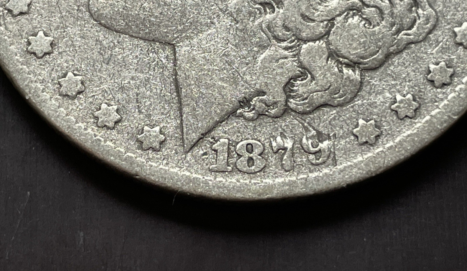Morgan Silver Dollar 1879 P, Philadelphia Mint, scratch.