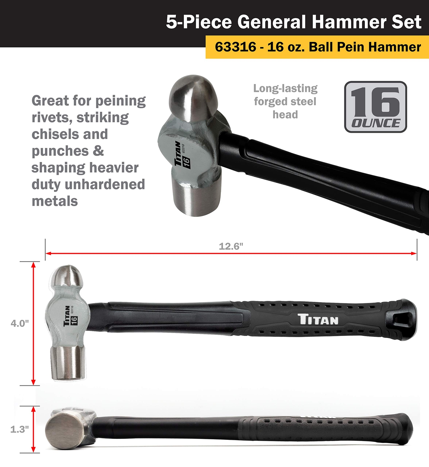 Comprehensive Hammer Set Includes Ball Pein Rubber Mallet and Sledge Hammers