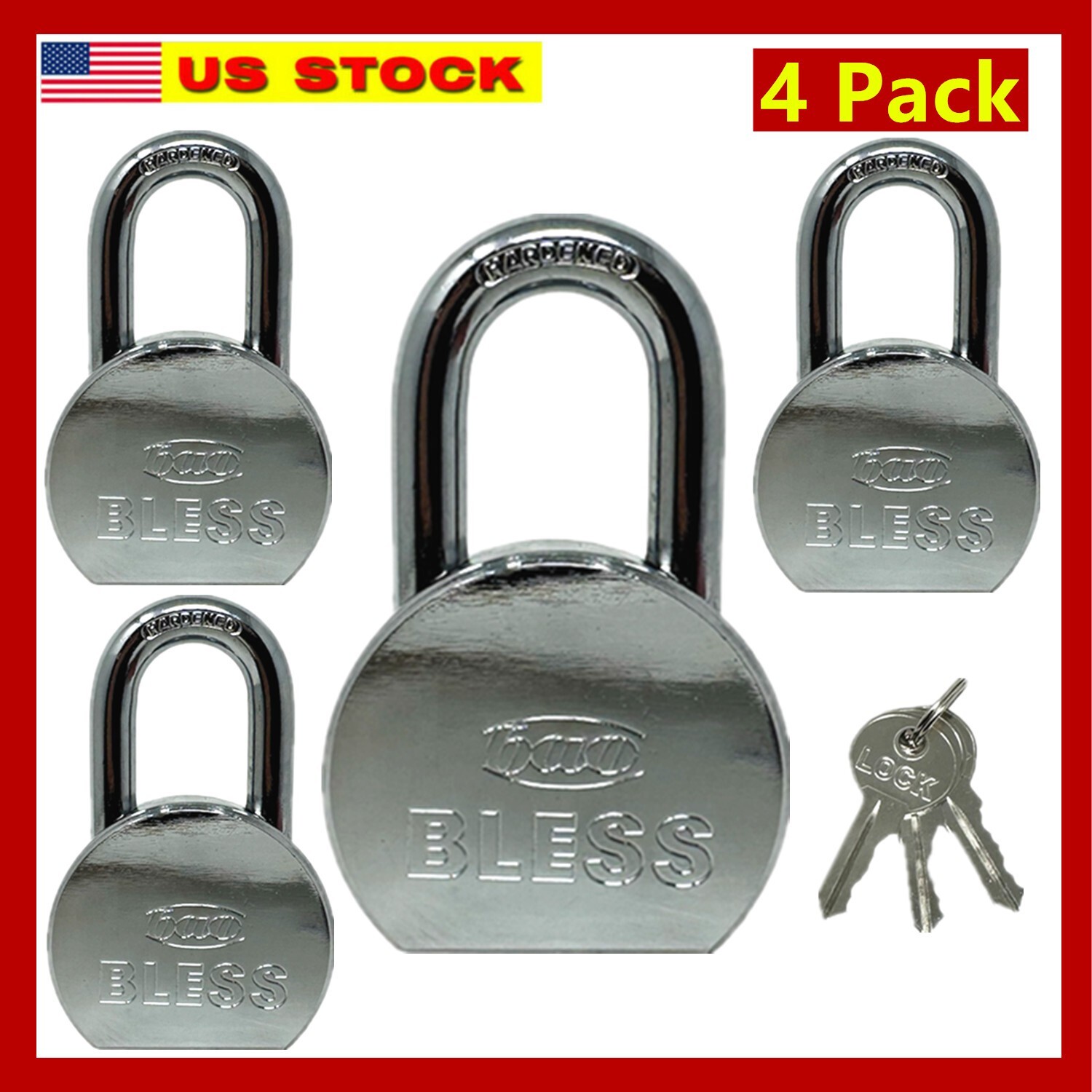 4 Pack Heavy Duty Short Lock Steel Maximum Protection Padlock with 3 Keys