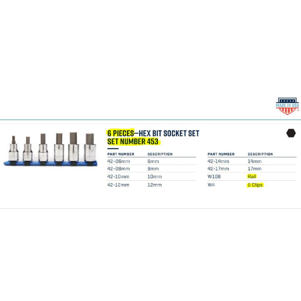 Wright Tool 453 1/2" Drive 6 Piece Metric Hex Bit Socket Set On Clip Rail