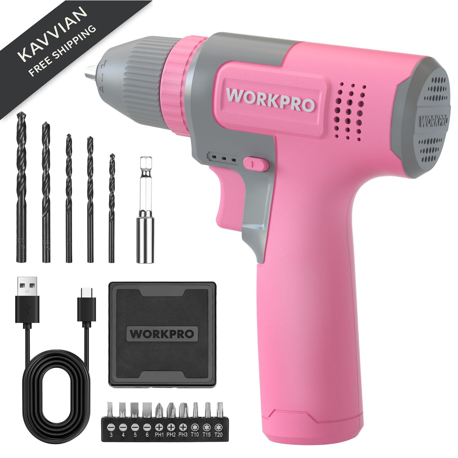 WORKPRO Pink Cordless 8V Drill Driver Set, 2Ah Electric Power with