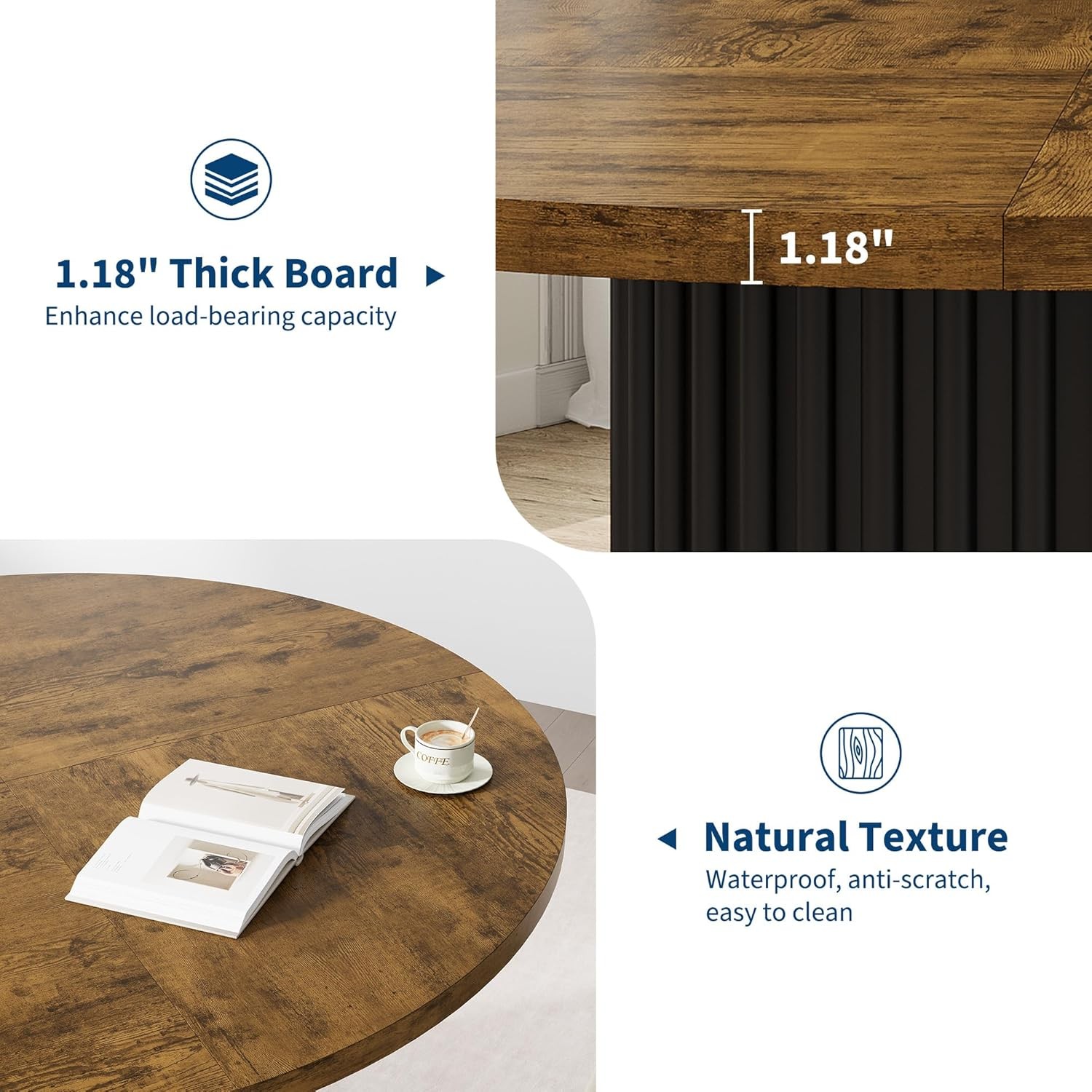 Round Dining Table 47", Wooden Kitchen Table Waveform Metal Base for Apartment