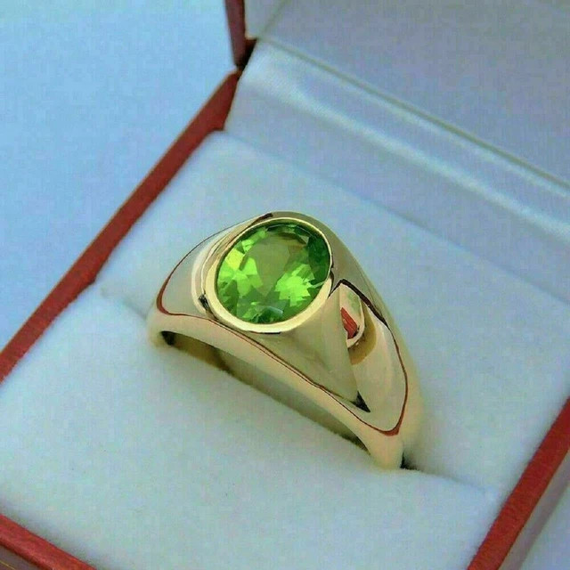 2 Ct Oval Cut Peridot Solitaire Men's Wedding Band Ring 14k Yellow Gold Finish