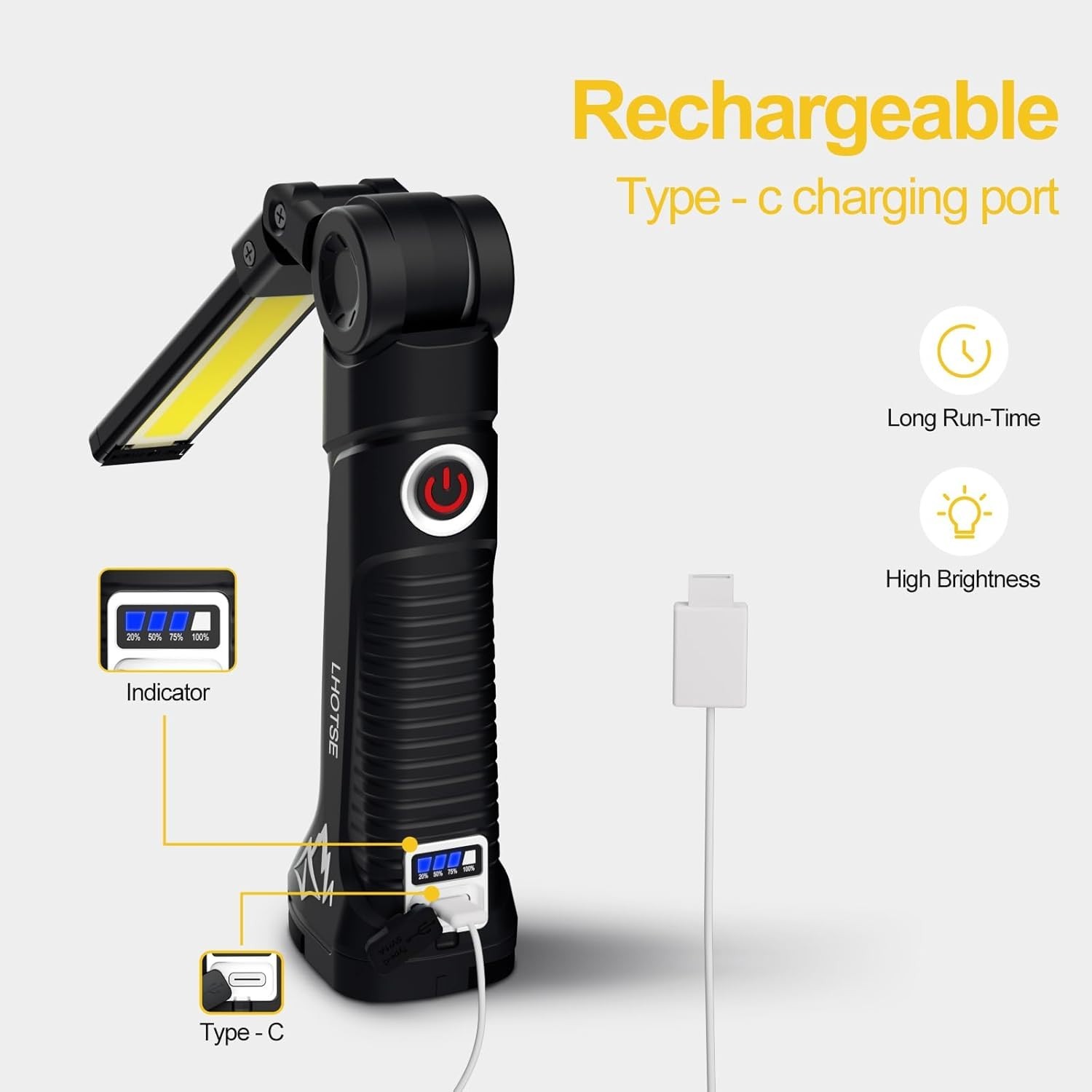 Rechargeable LED Work Light Magnetic Foldable Flashlight with Hook 5 Modes
