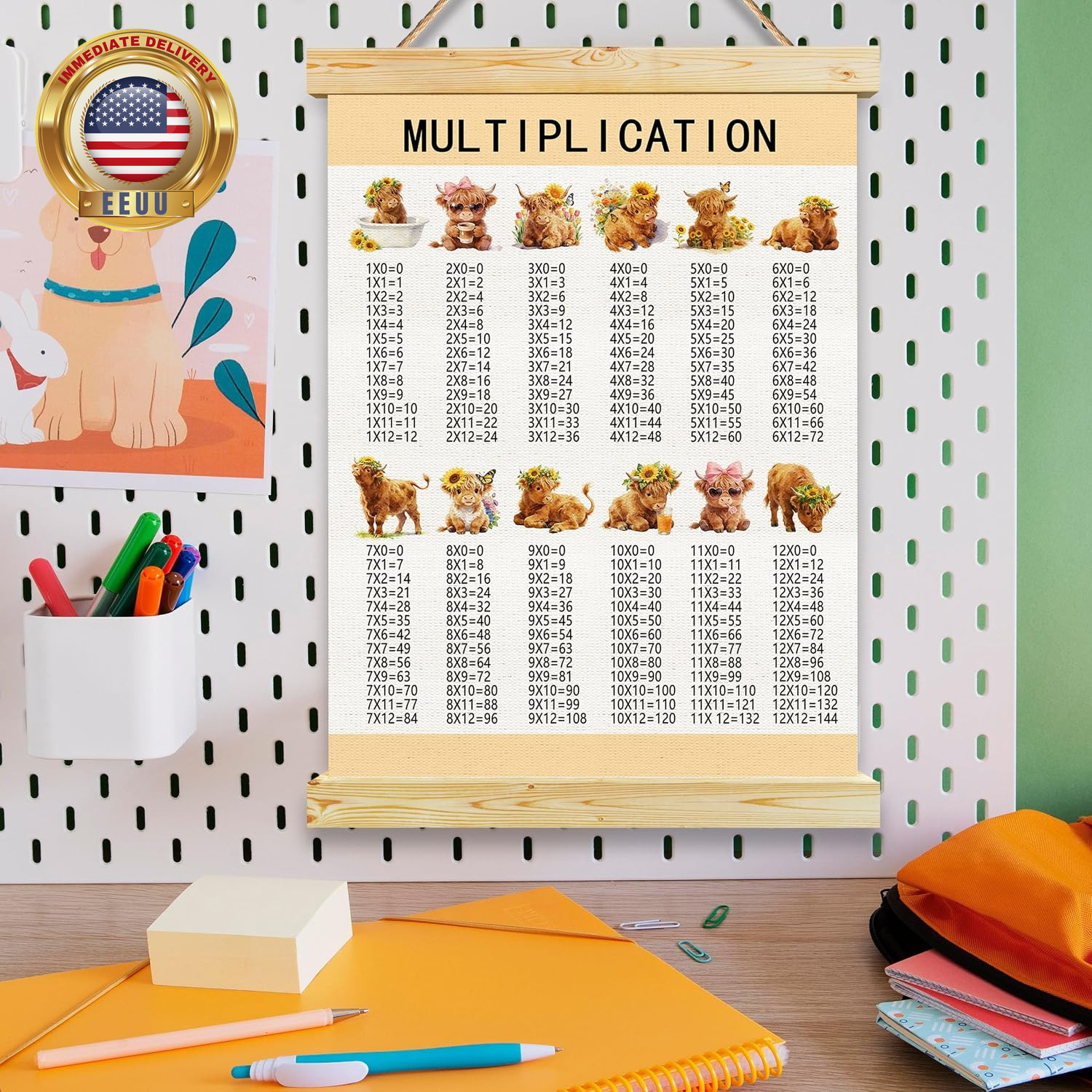 Highland Cow Multiplication Chart Canvas Print, Educational Math Times Table Wal