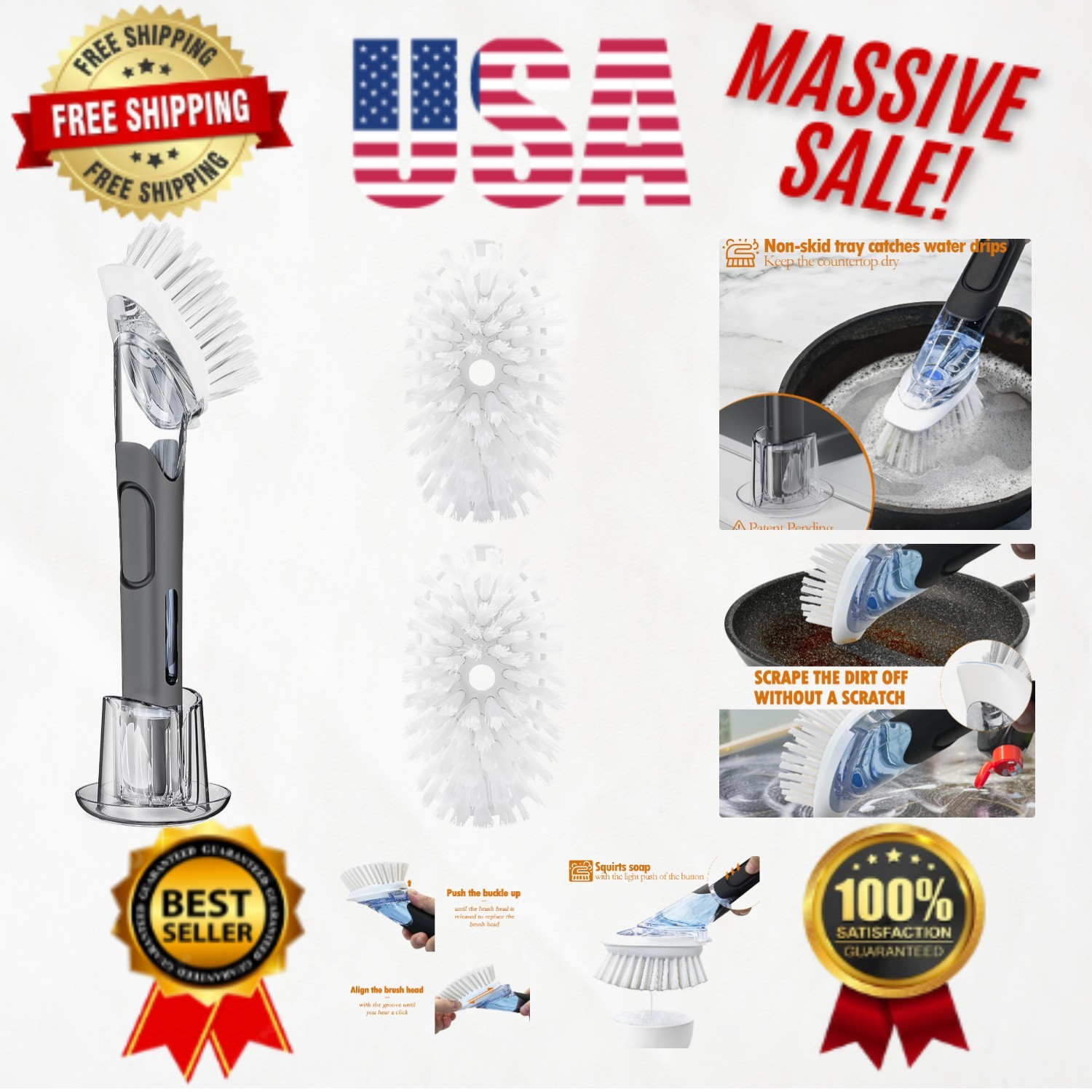 Ergonomic Soap Dispensing Dish Scrubber with Refill Heads - Kitchen Essential