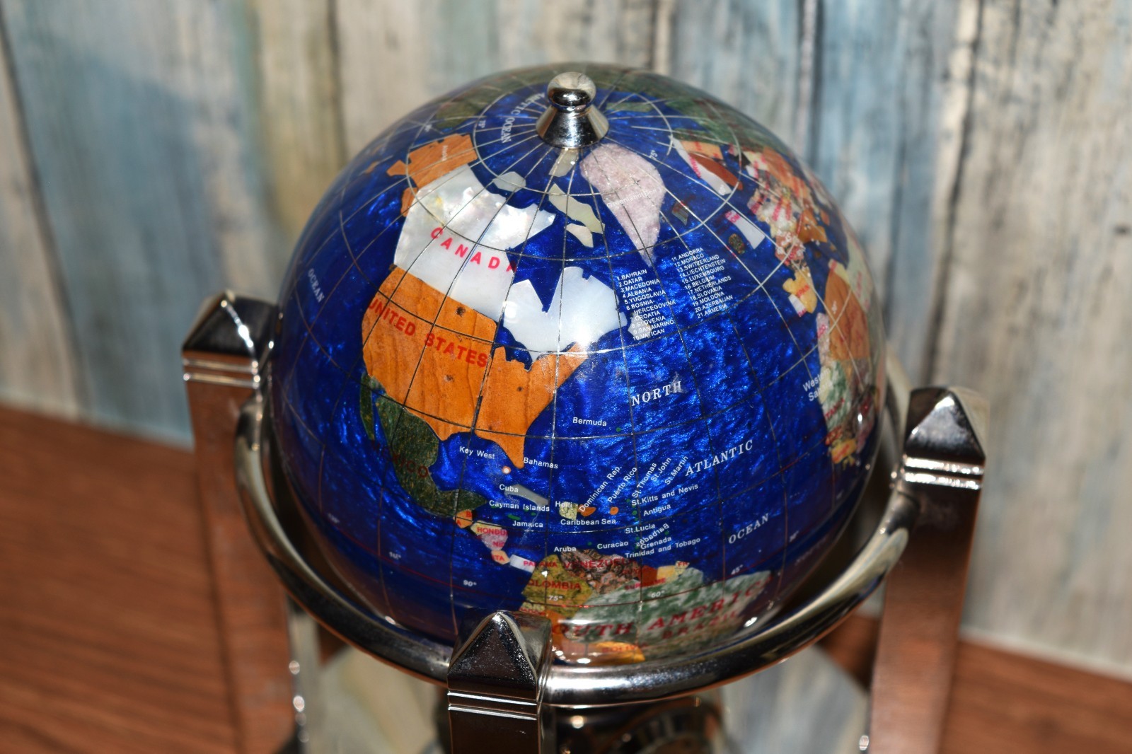 Caribbean Blue Gemstone Rotating Musical Globe With Clock & Thermometer