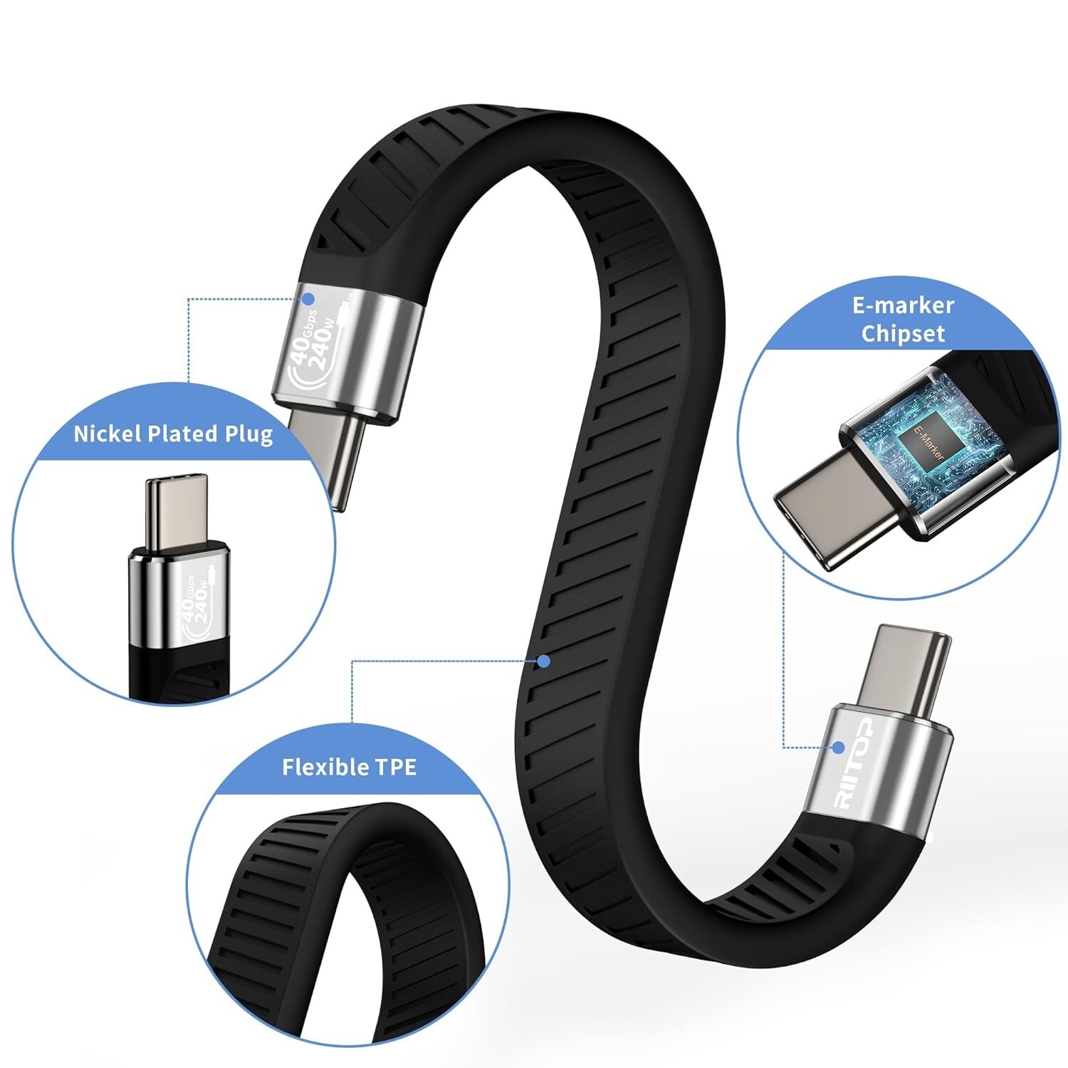 RIITOP USB4 C Cable Short [5inch, Flat], 40G USB C to C Cable 240W Fast Charging