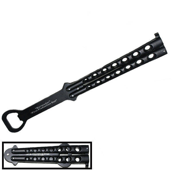 Black tactical bottle opener practice butterfly knife style SS stainless