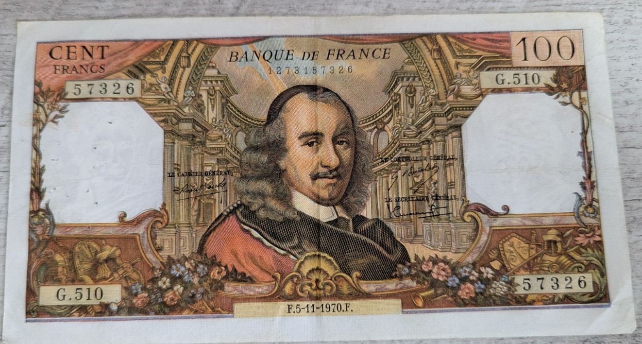 French Banknote Francs Denomination 100 1x Notes Banque de France 1970