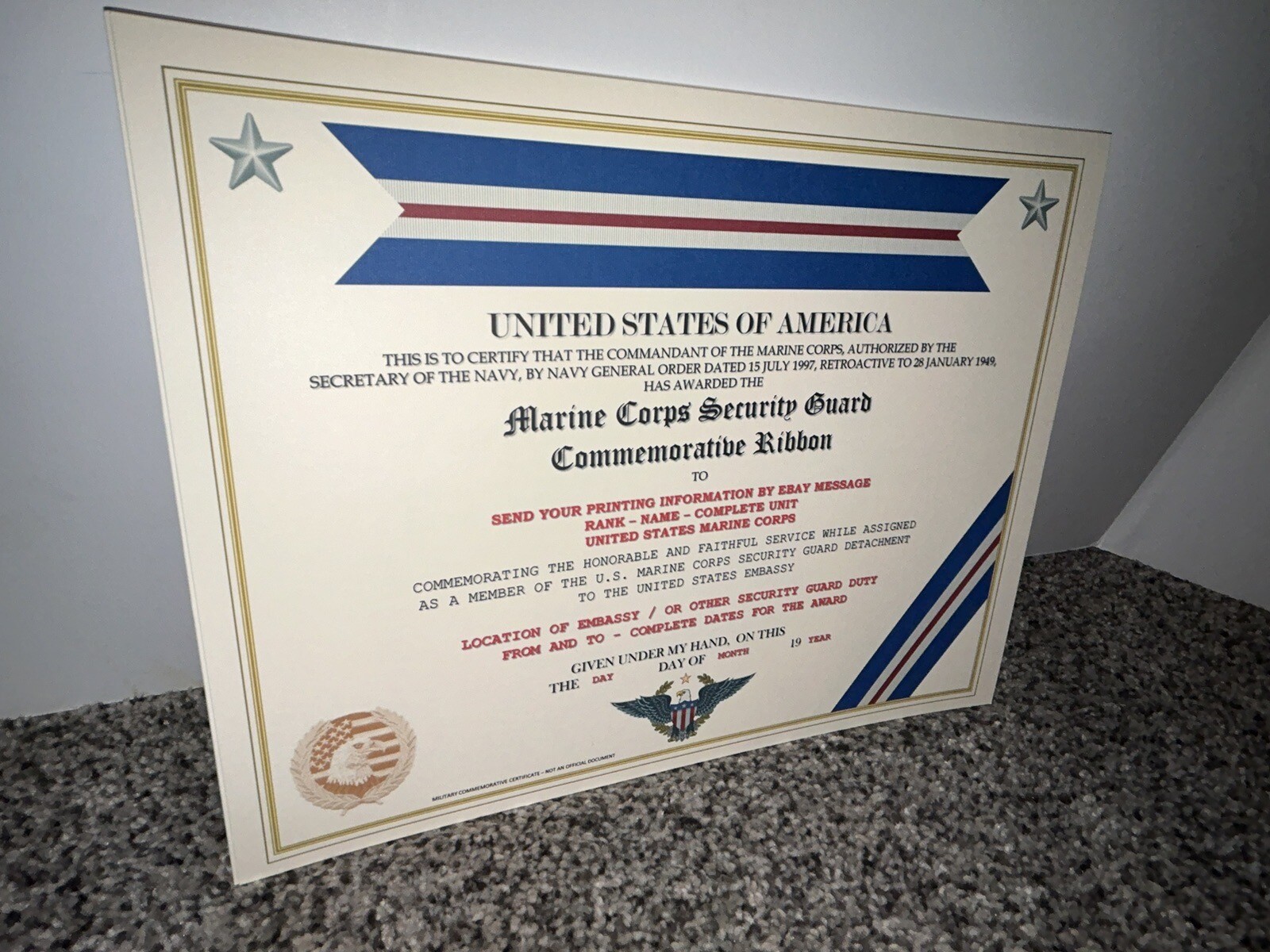 MARINE CORPS SECURITY GUARD RIBBON COMMEMORATIVE CERTIFICATE ~ W/PRINTING TYPE-1