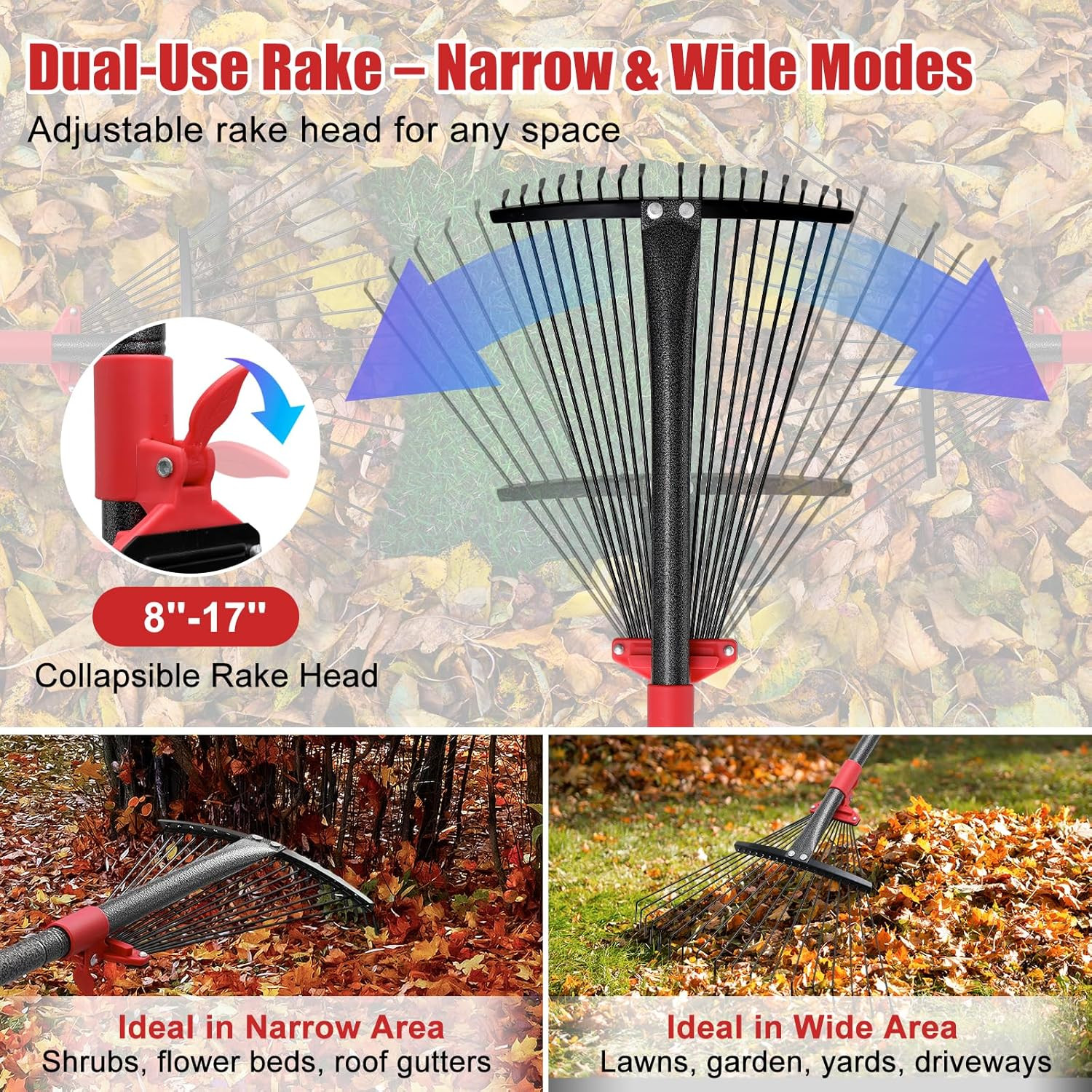 Collapsible Rake for Leaves - 70" Adjustable Long Handle Yard Rake, Expandable M