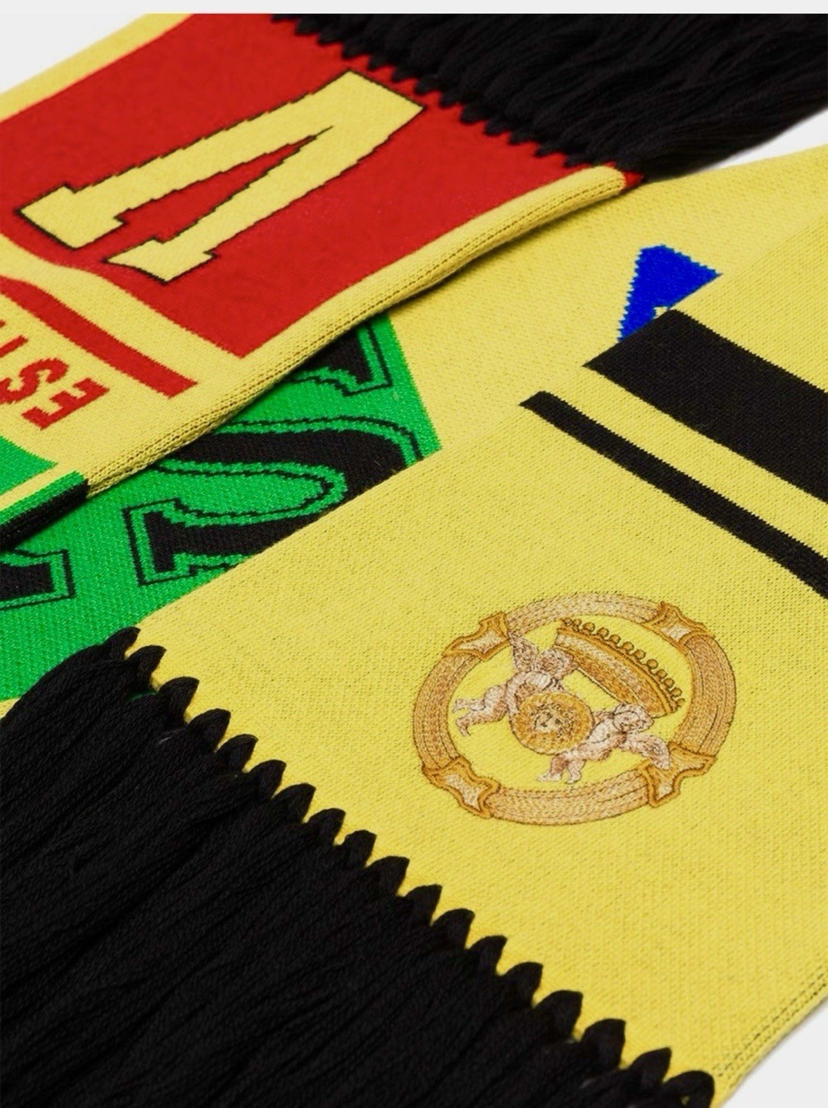 VERSACE Unisex Knitted Wool Multicolor Logo Embroidery Scarf Fringed Rare Italy