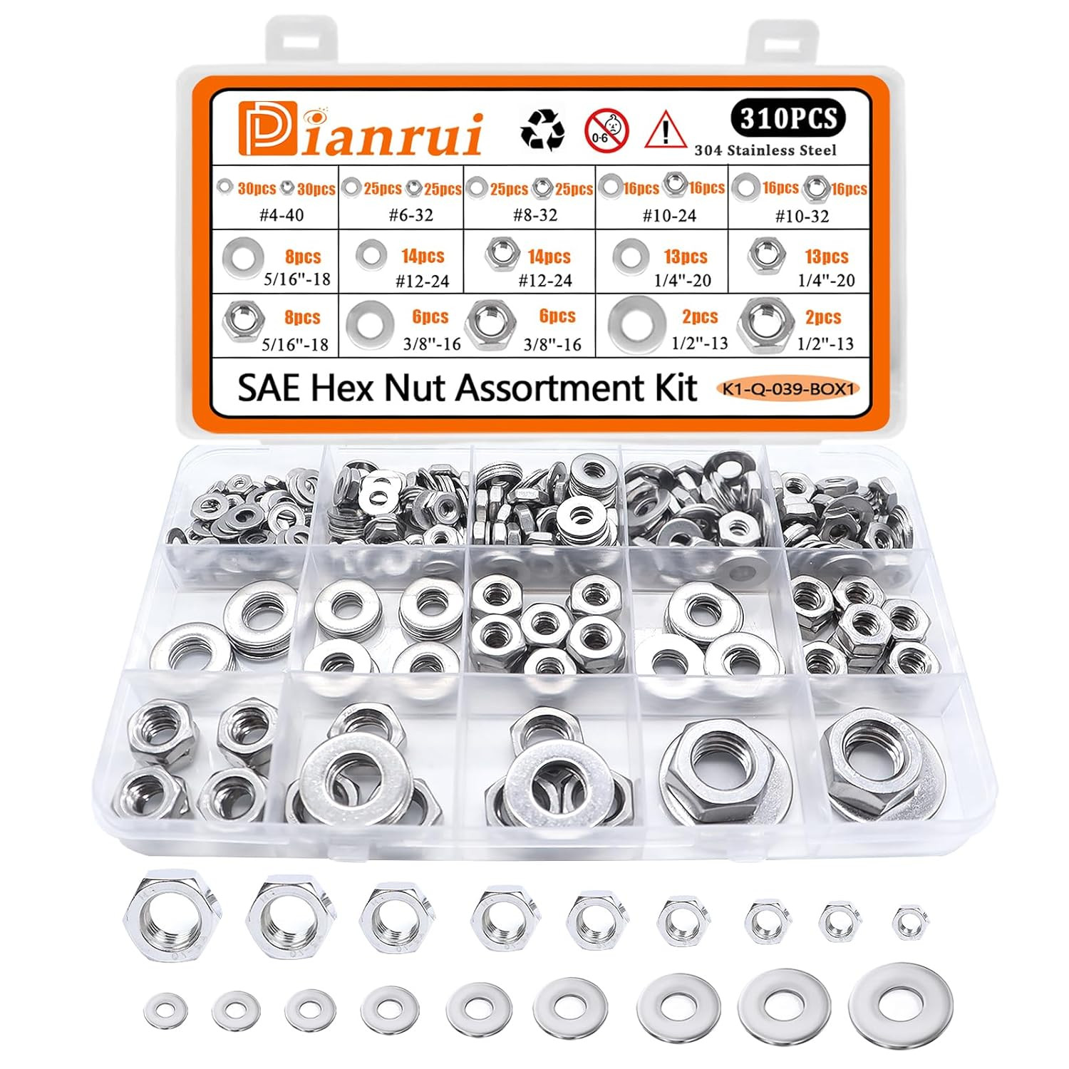 310PCS SAE Hex Nuts Assortment Kit with Flat Washers, 10 Size 304 Stainless Stee