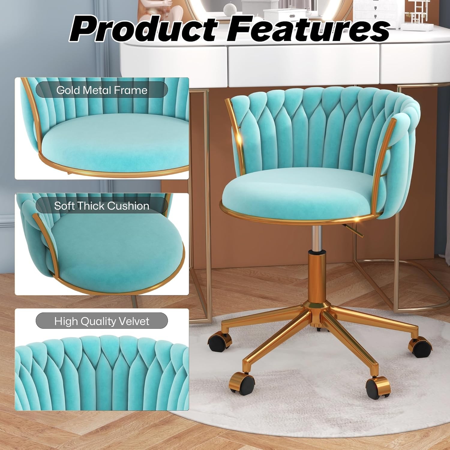 Velvet Woven Home Office Chair,Swivel Desk Chair with Wheels, Height Adjustable