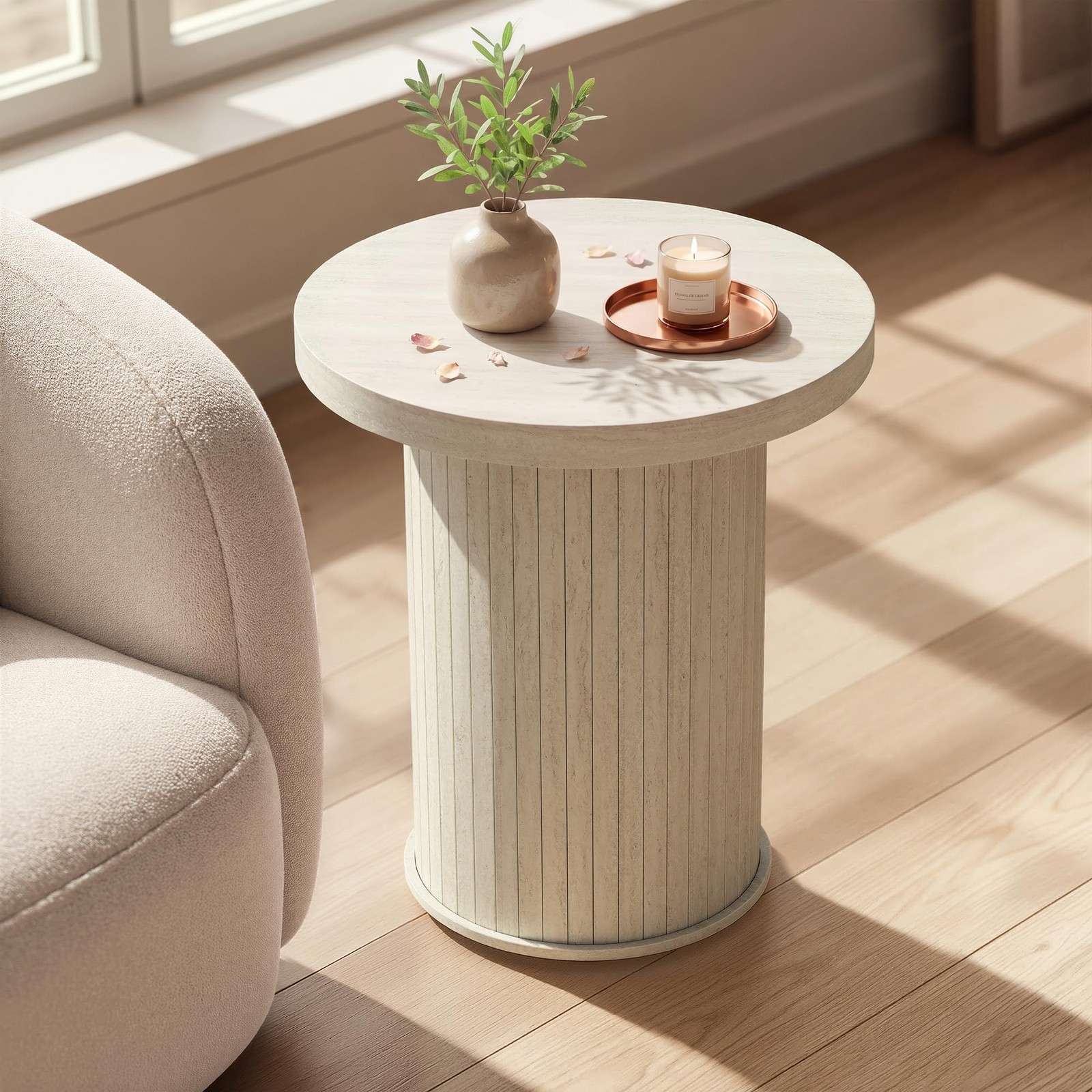 Round Side Table 17.7 x 19.7 Inch Travertine Beige VASAGLE ULET295L101 Tambour