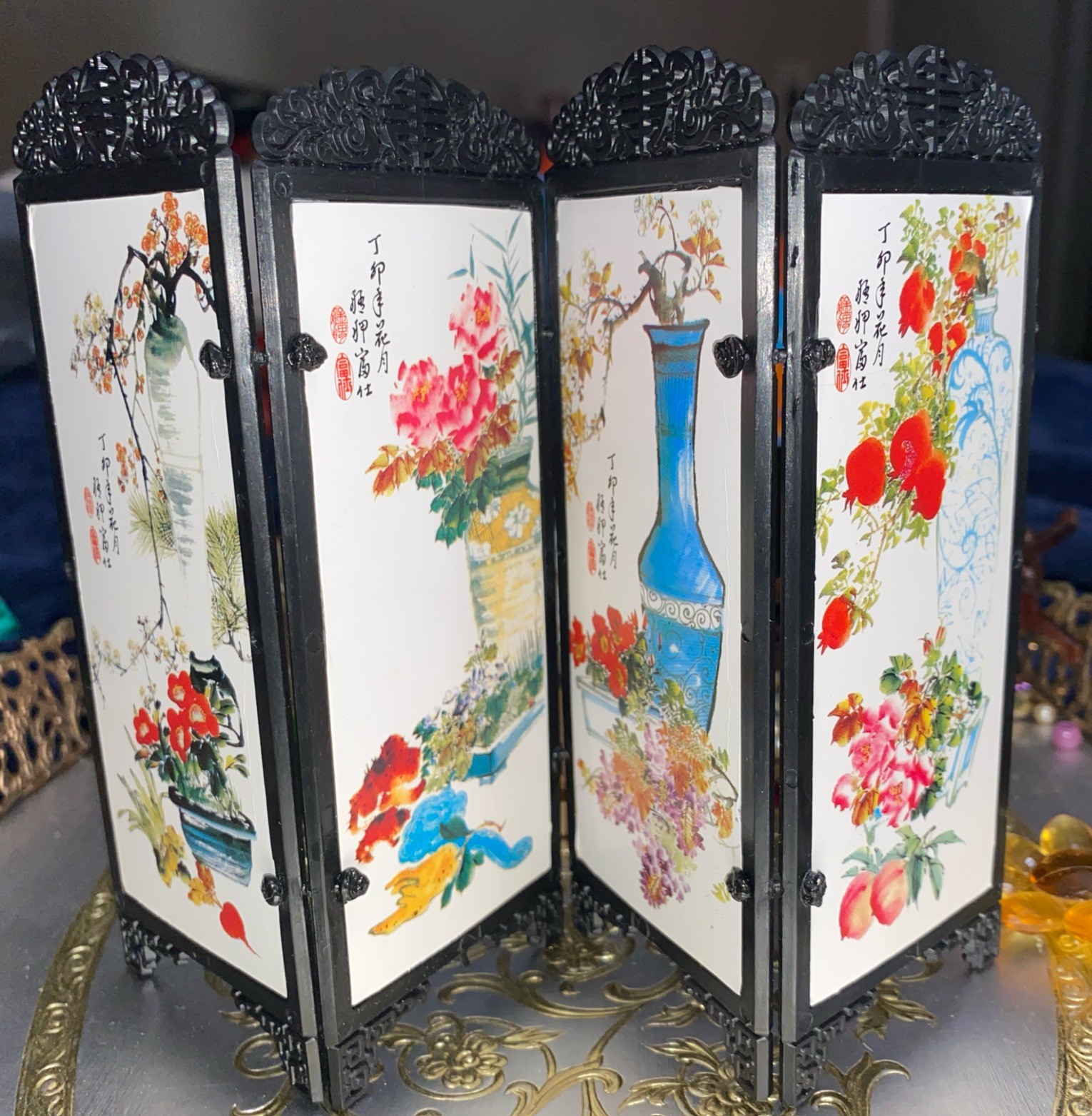 Vintage Mini Dollhouse 4 Panel Accordion Room Divider Double Side Screen Asian N