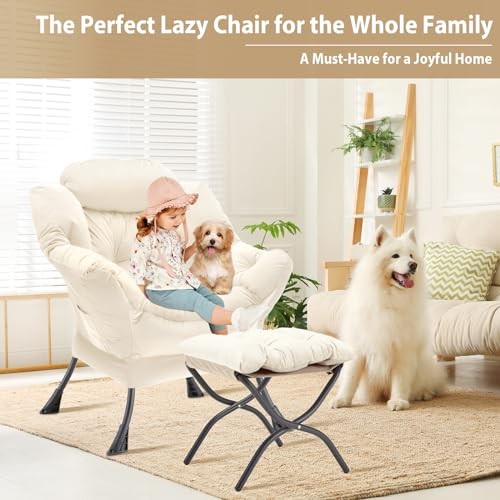 Lazy Chair with Folding Ottoman, Accent Chair Velvet Upholstered with Beige-f