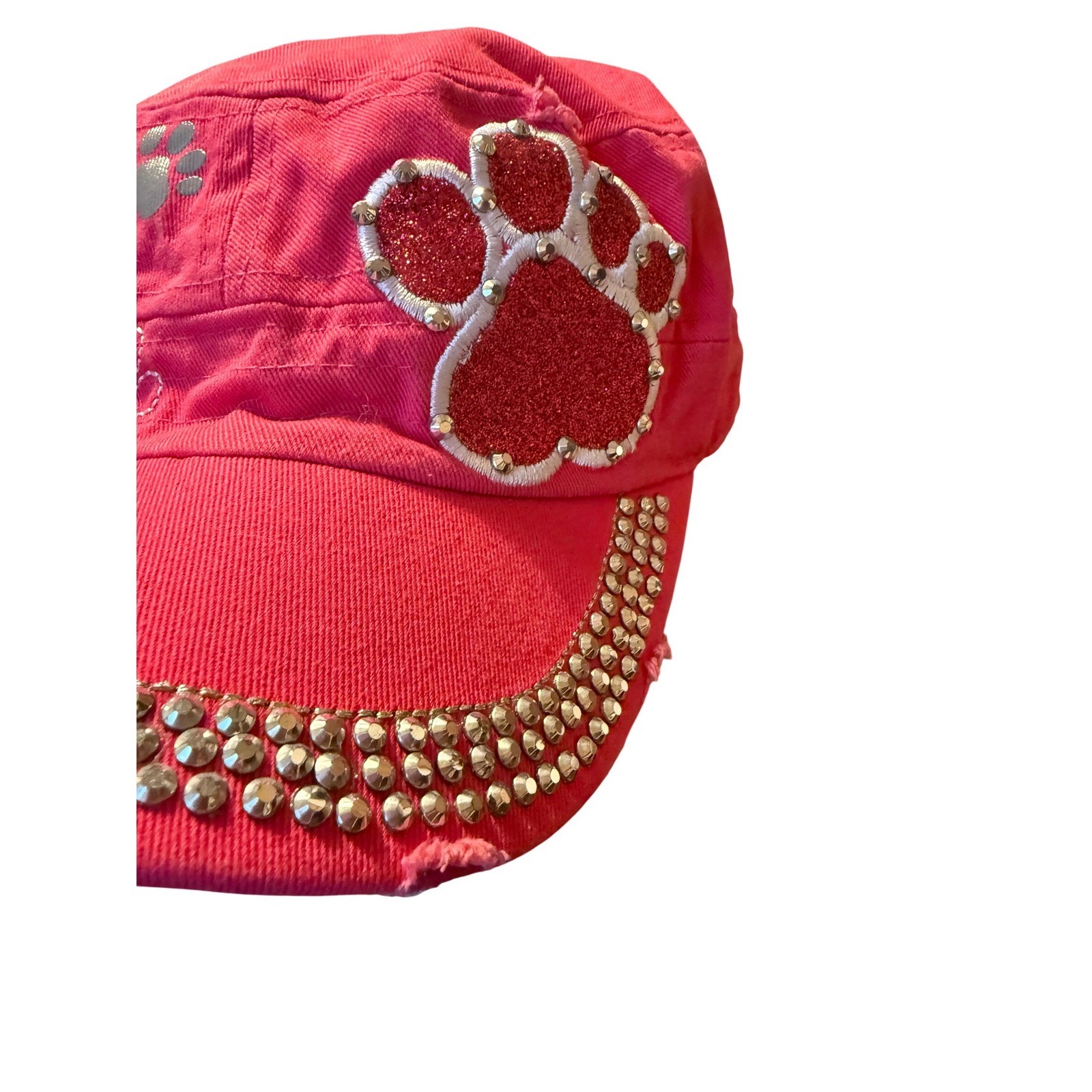 Premium Pink Cadet Hat Glitter Paw Print Studded Distressed Cap Womens