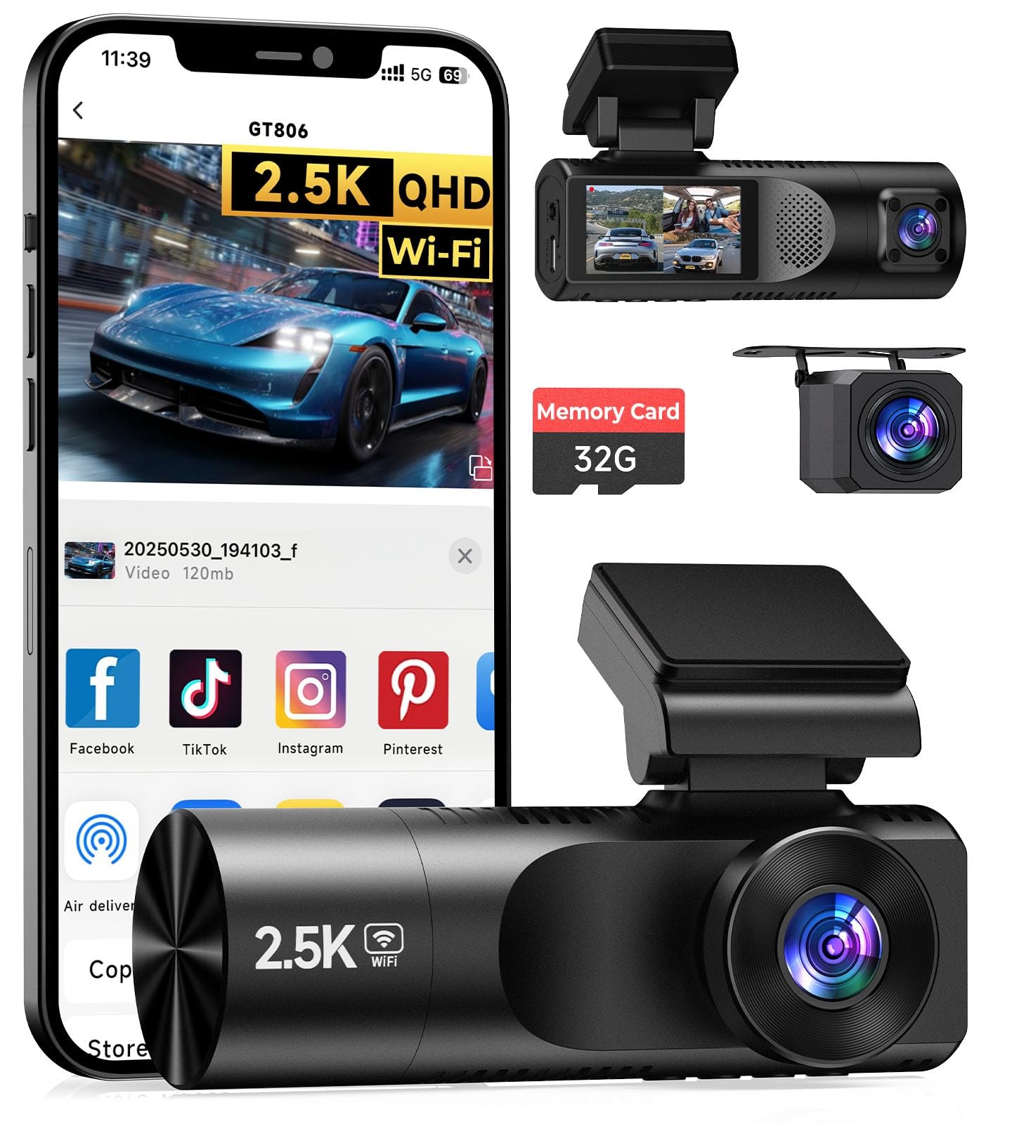 Dash Cam Front and Rear, 2.5K+1080P+1080P 3 Channel Dash Cam with 32GB Card, ...