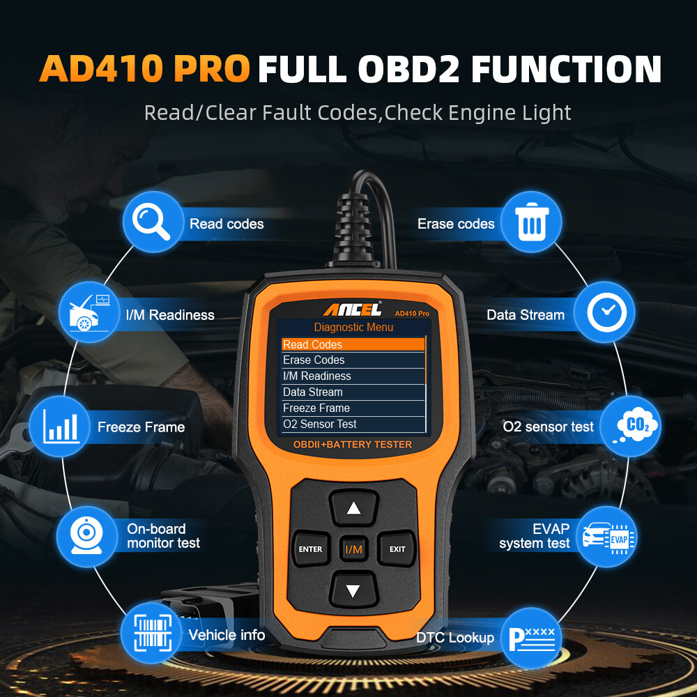 ANCEL AD410 PRO 12V Battery Tester & Car Code Reader OBD2 Engine Diagnostic Tool
