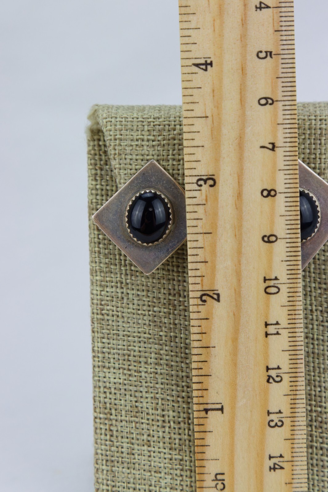 Sterling and Onyx Square Earrings, Signed "E.B.", Patina