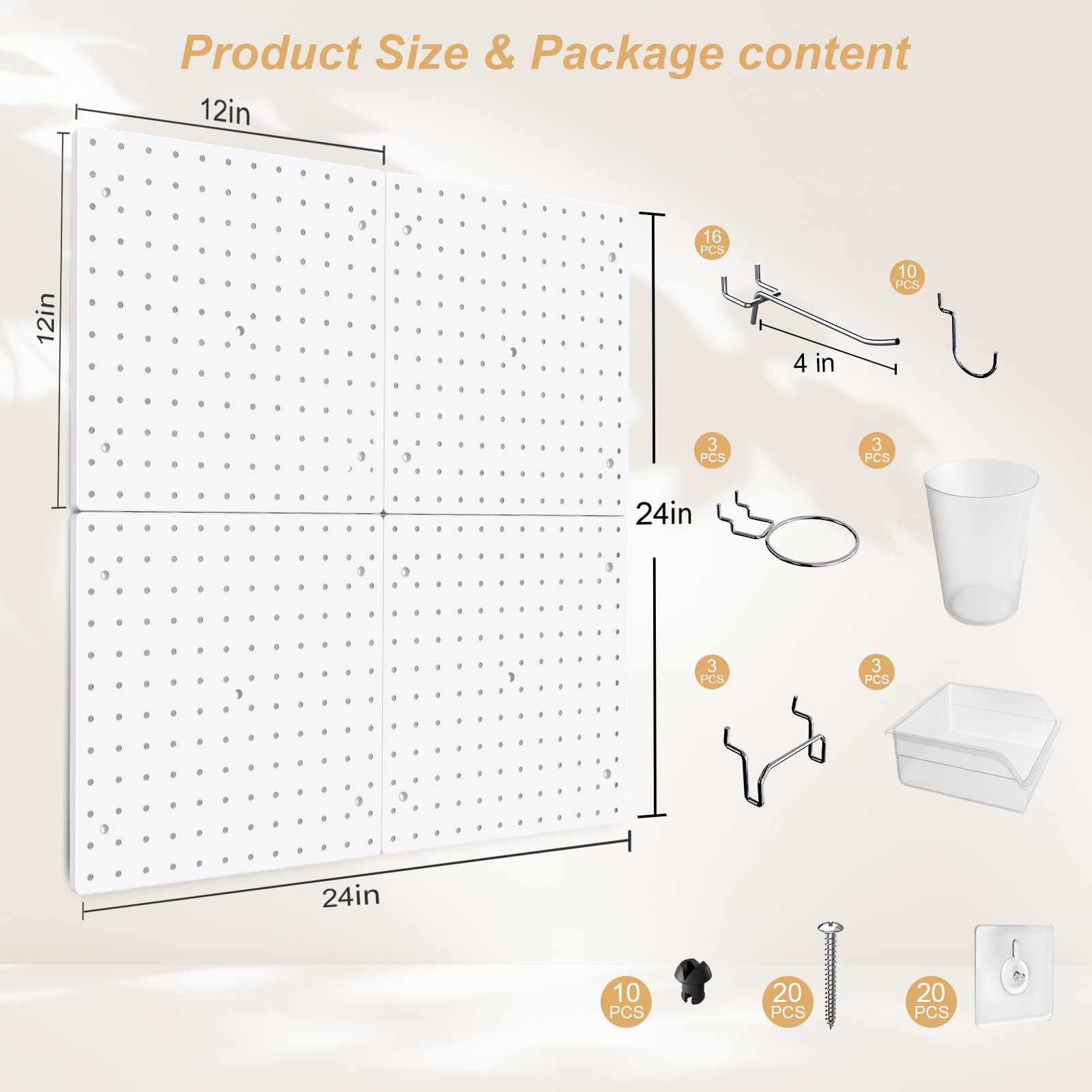 Peg Board with Hooks, Plastic Pegboard Kit with 4 White Pegboards and , Peg B...