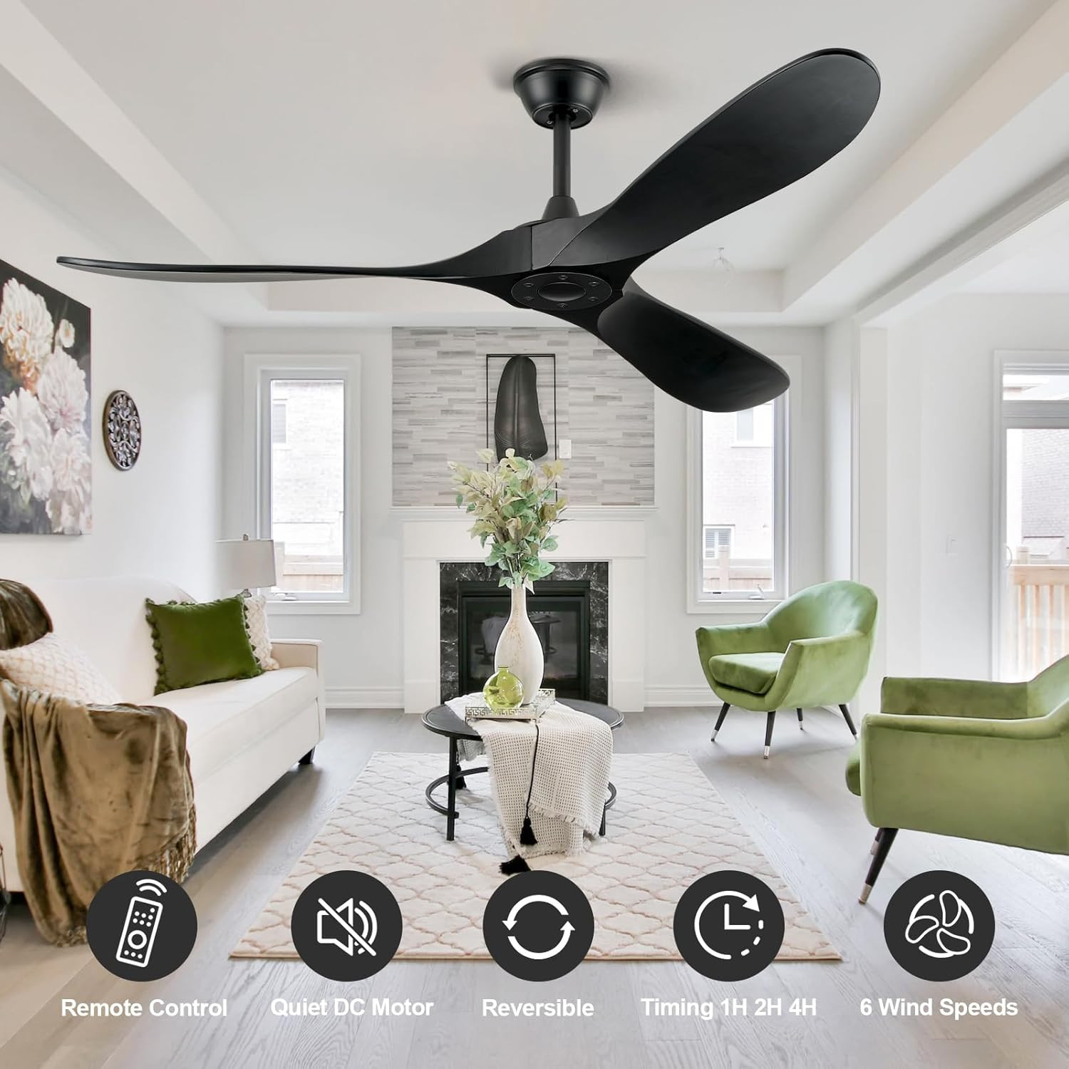 Ceiling Fans without Lights - 60 Inch Ceiling Fan No Light, Black 3 Solid Wood