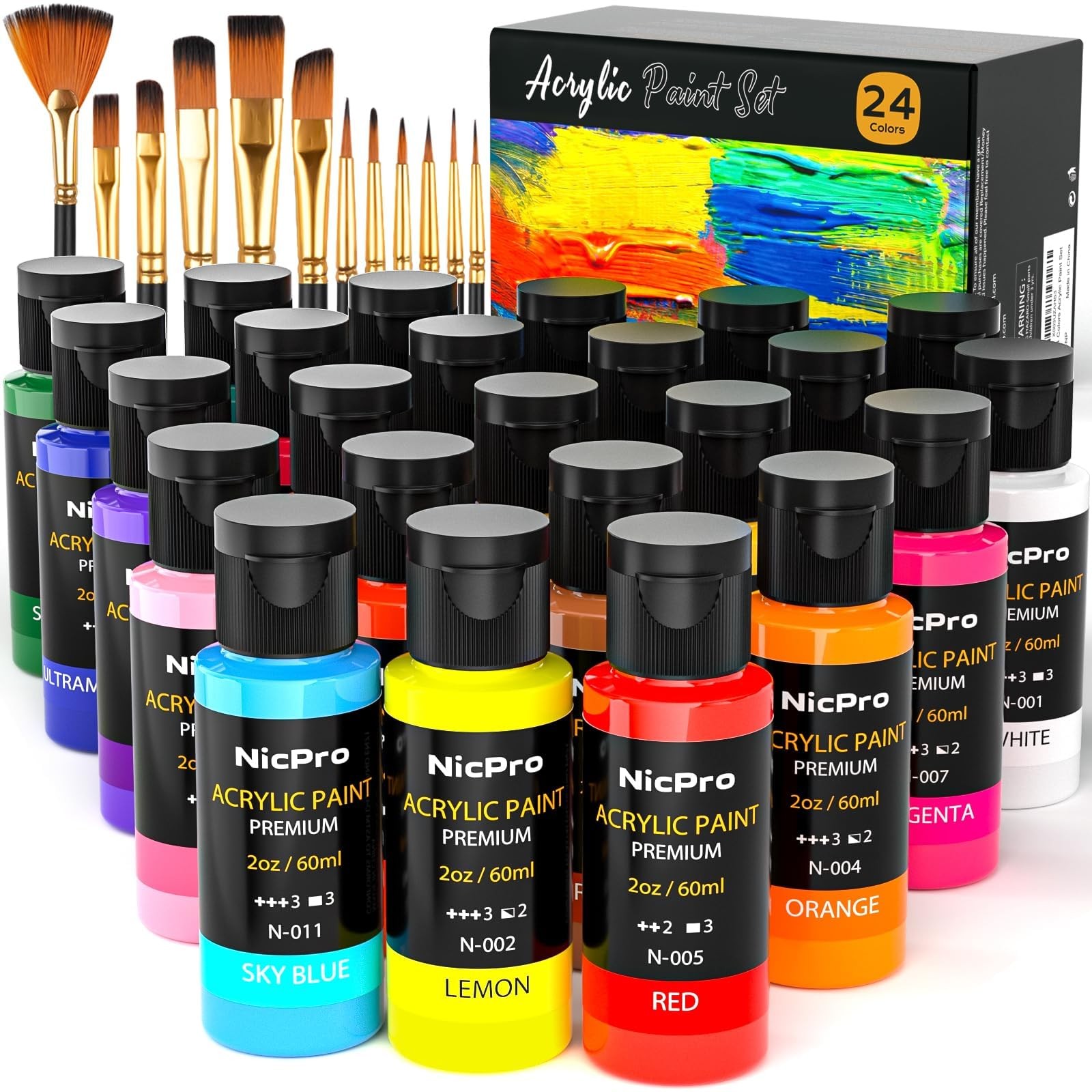 Nicpro Acrylic Paint Set, 24 Colors with 12 2 Fl Oz (Pack of 24), 24