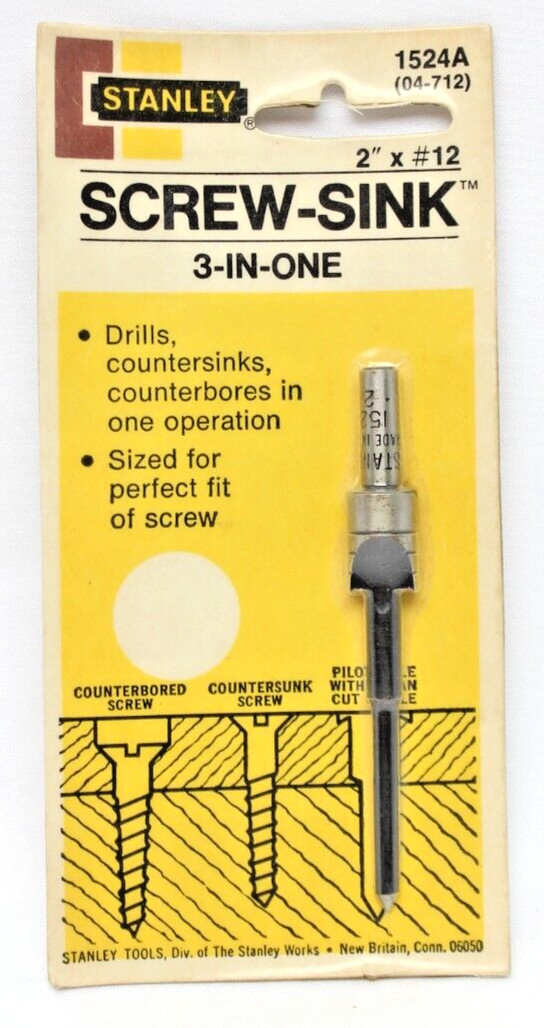 RARE Vintage Stanley 3-In-One Screw Sink 2" x #12 #1524A (04-712) USA Made NOS