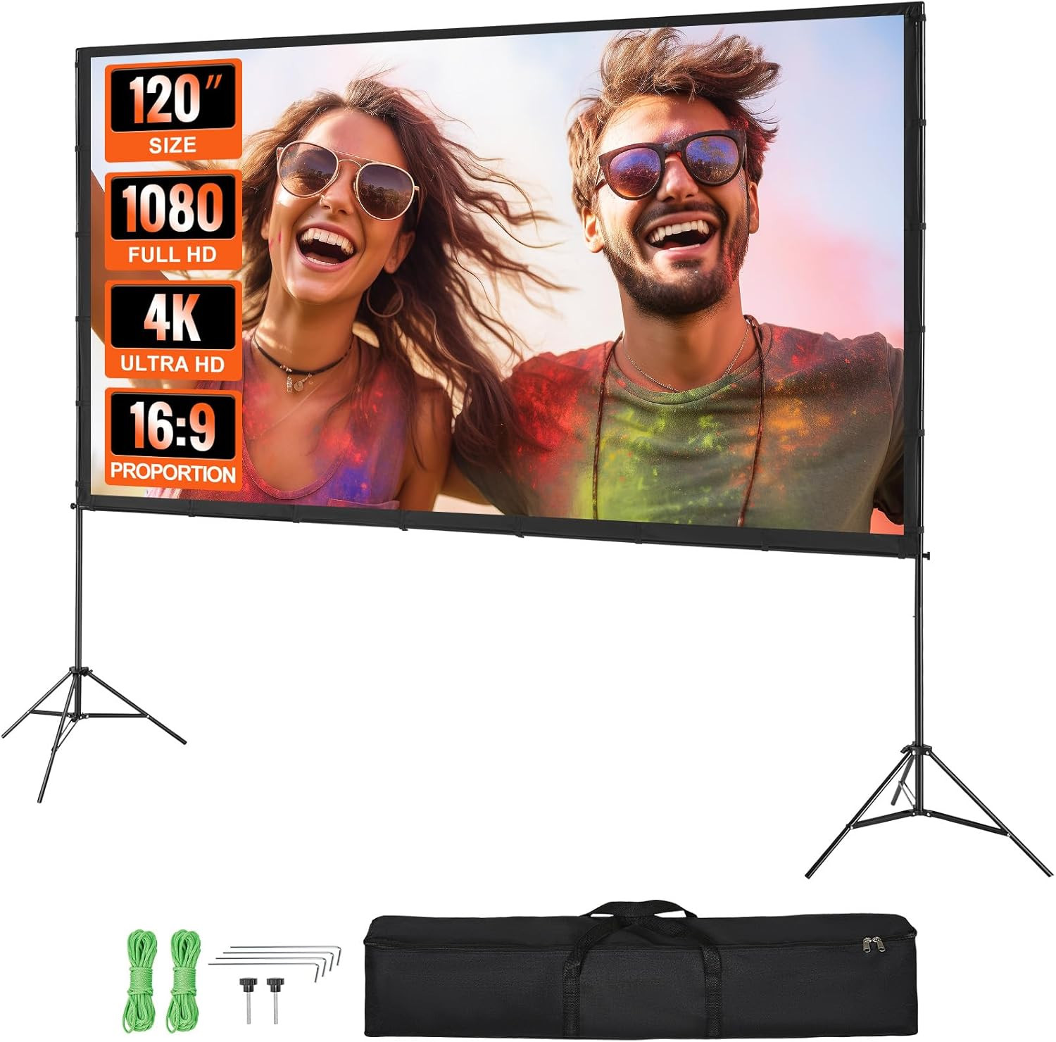 Projector Screen with Stand, 120 Inch 16:9 4K 1080 HD Outdoor Movie Screen with
