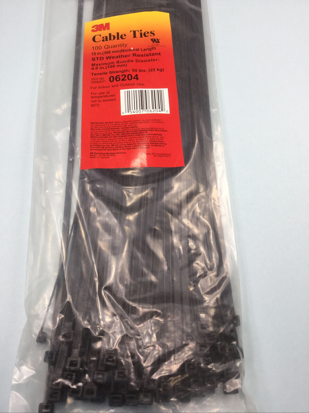 Cable Ties 3M 15in Black 50lb Tensile Strength 06204 Lot Of 100!