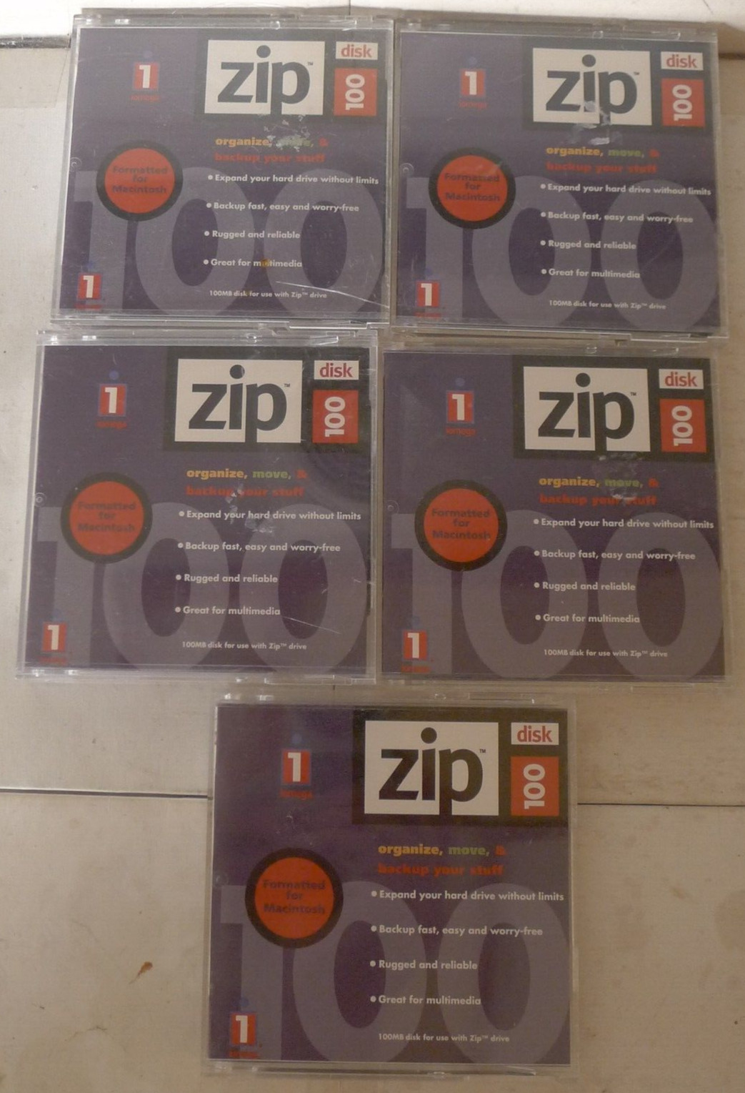Lot of 5 iomega Zip 100MB Disks MAC Format MAC100 with Cases - Used