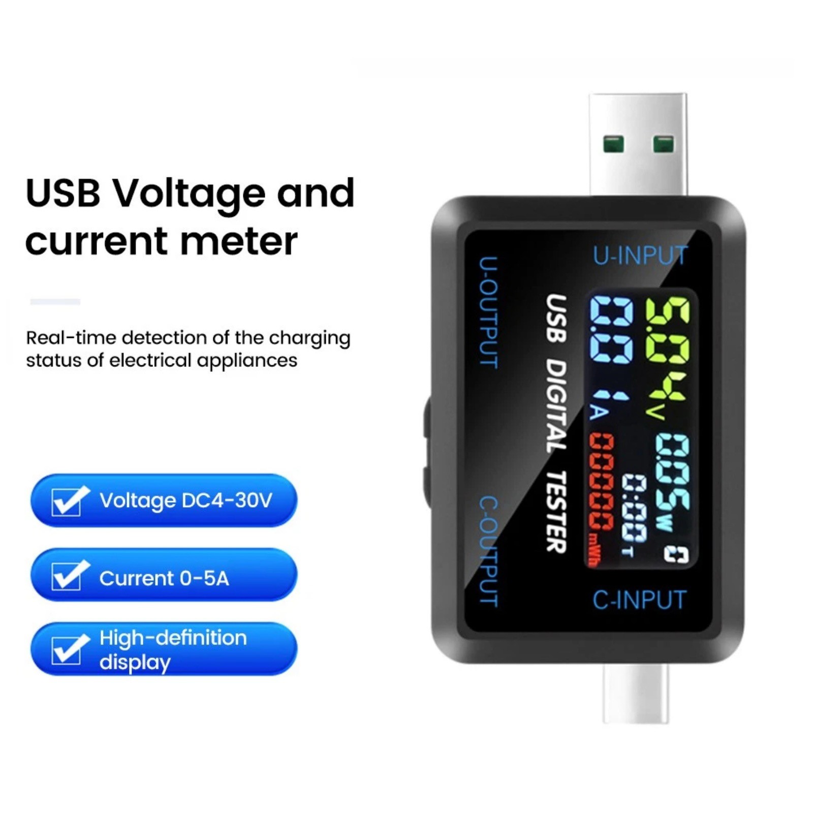 Portable USB Type C Voltmeter Current Meter with 5A Interface for Device Testing