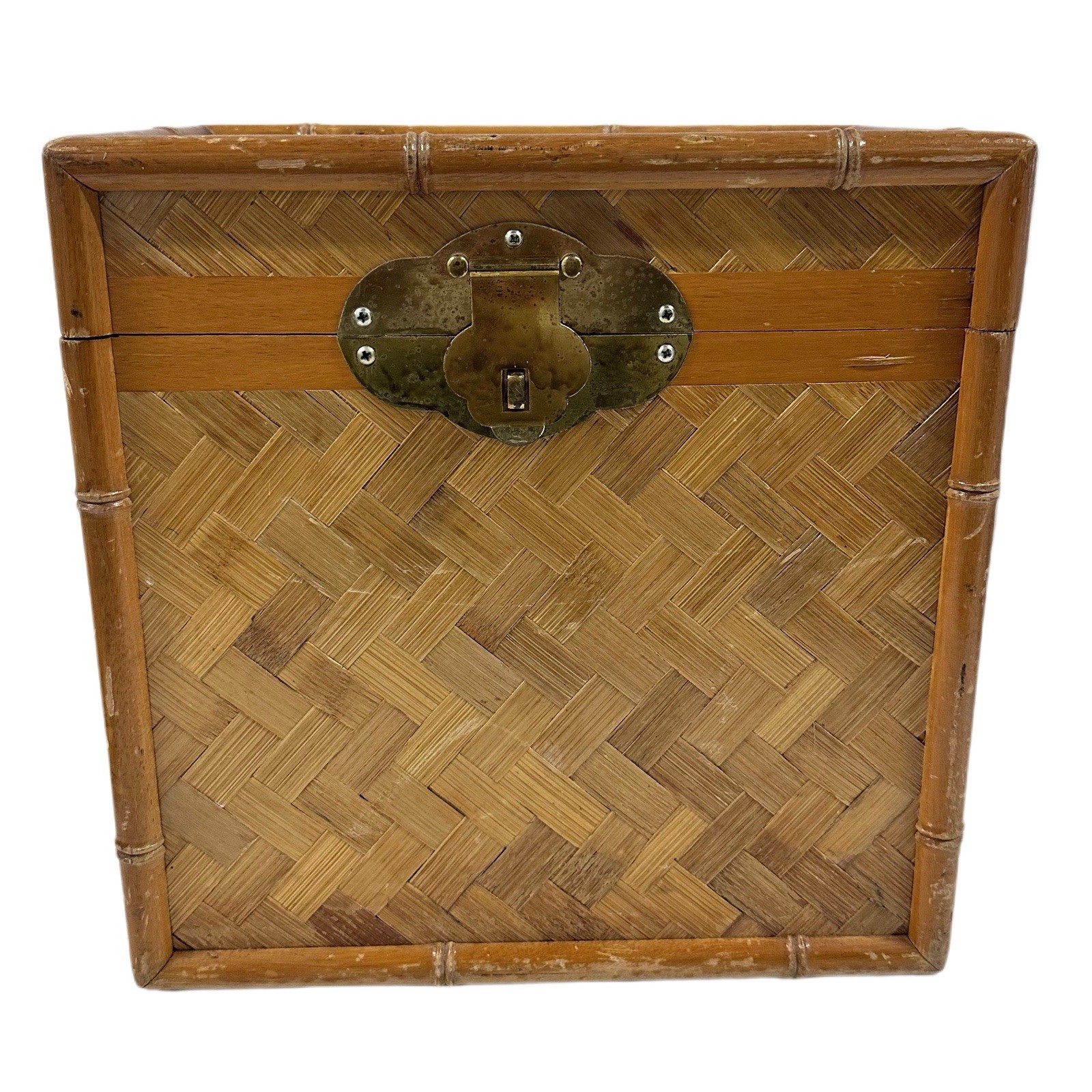 14” Wicker Bamboo Storage Box Chest with Brass Latch And Handles Herringbone VTG