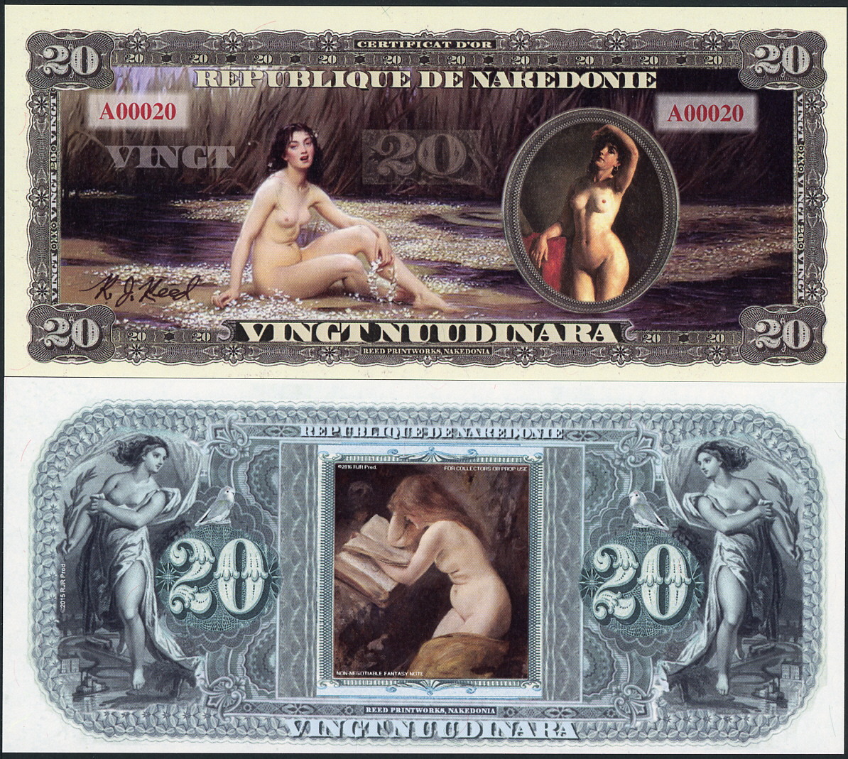 REPUBLIQUE DE NAKEDONIE 20 NUUDINARA BEAUTIFUL NUDE LADIES FANTASY ART NOTE!