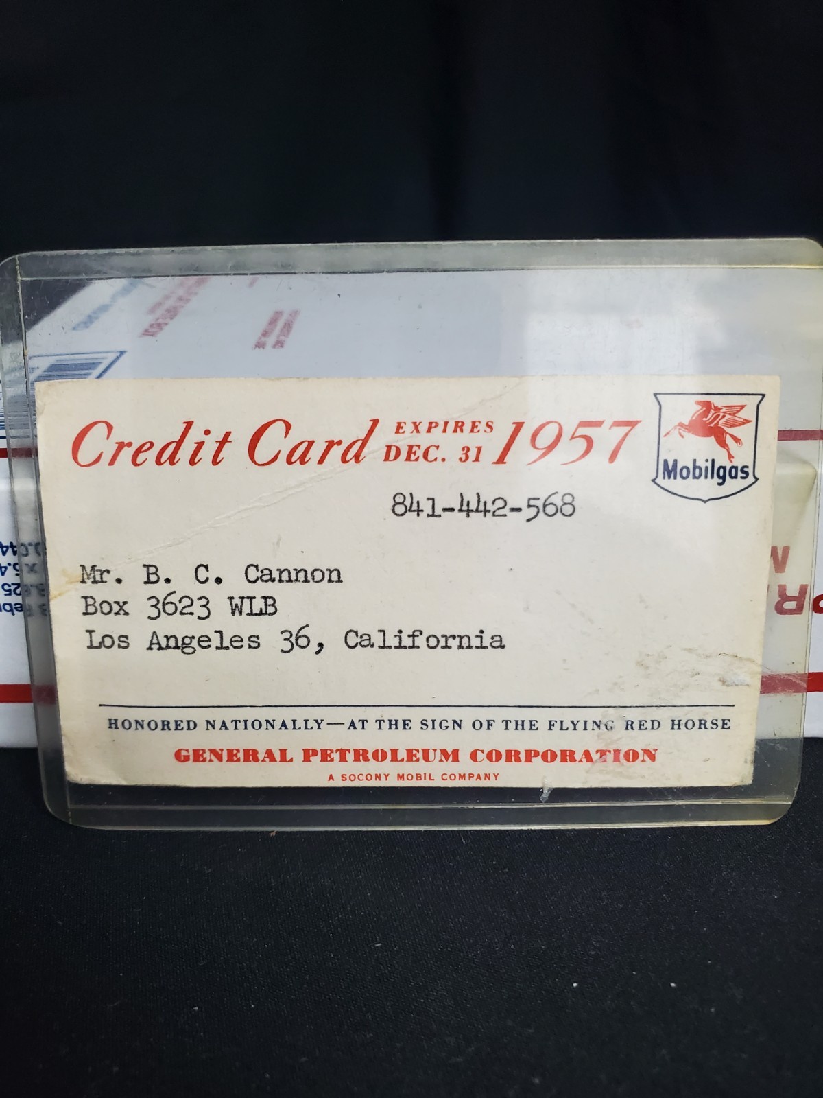 1957 Mobilgas Socony Mobil Oil Paper Credit Card RARE