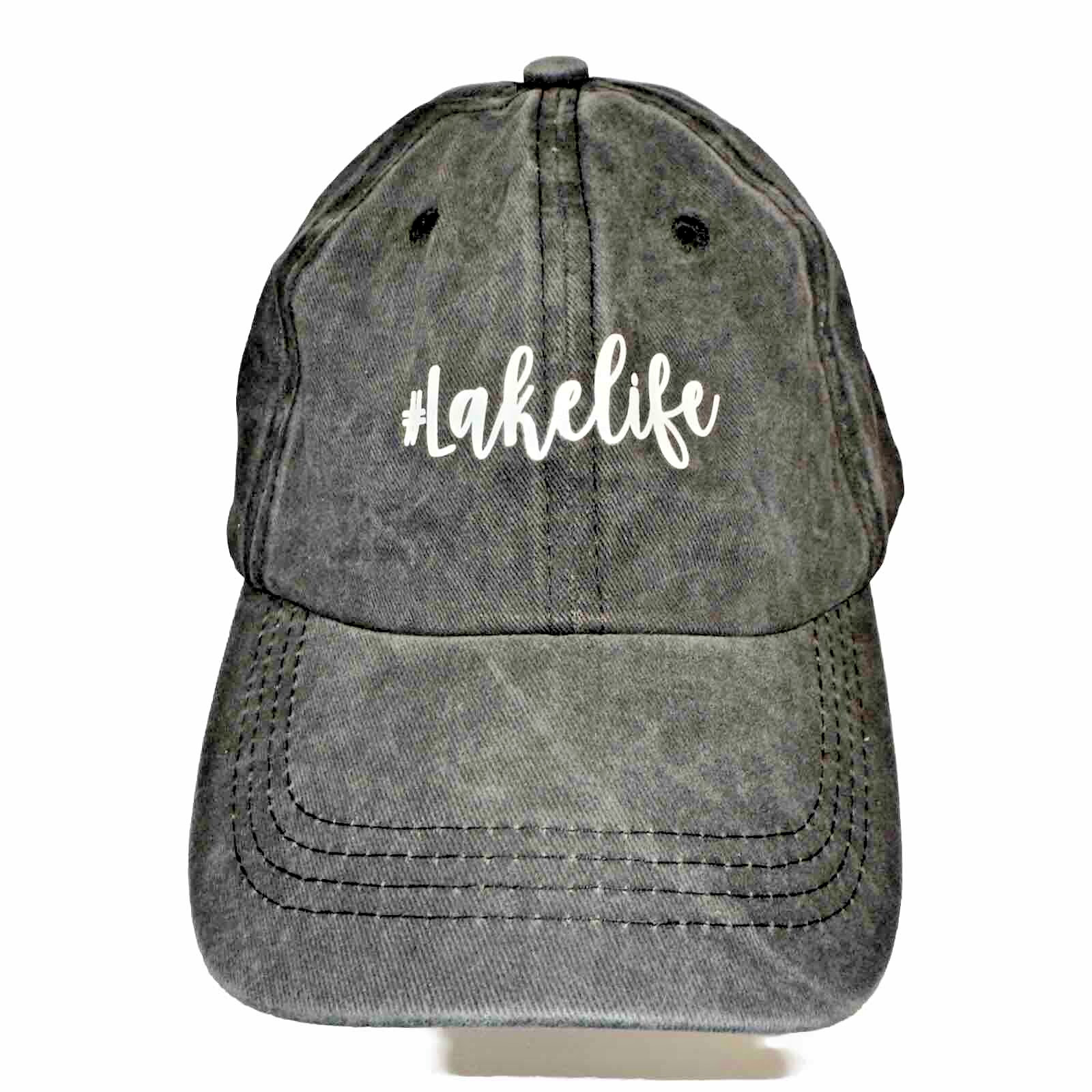 #Lakelife in Script White on Dark Gray Hat Cap Cotton Strap Buckle EUC