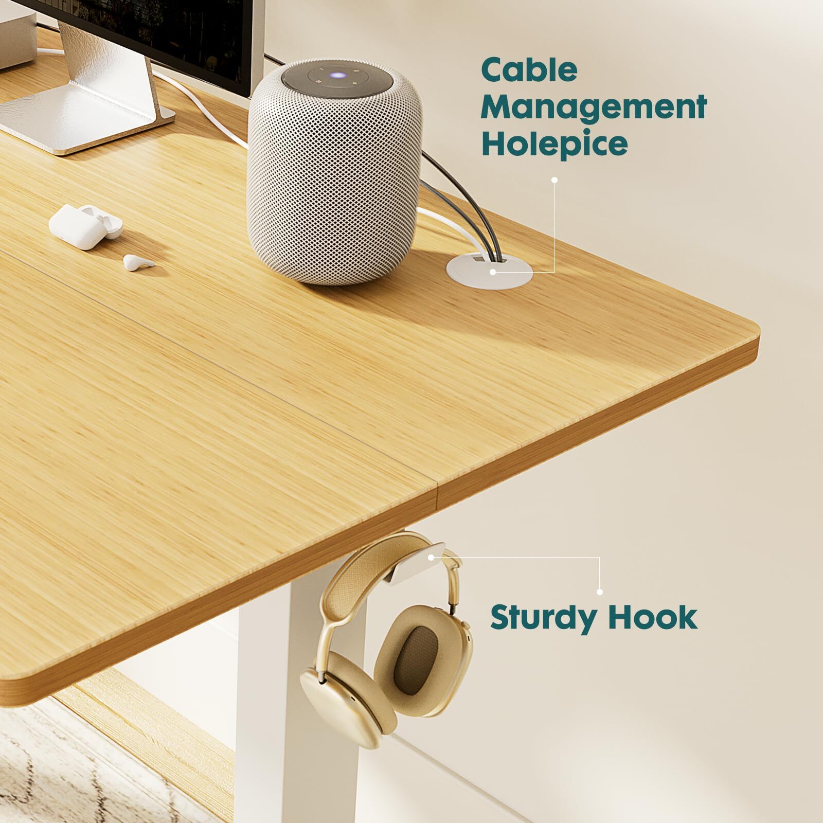 Ergonomic 24x40" Adjustable Standing Desk with Cable Management - Natural Finish