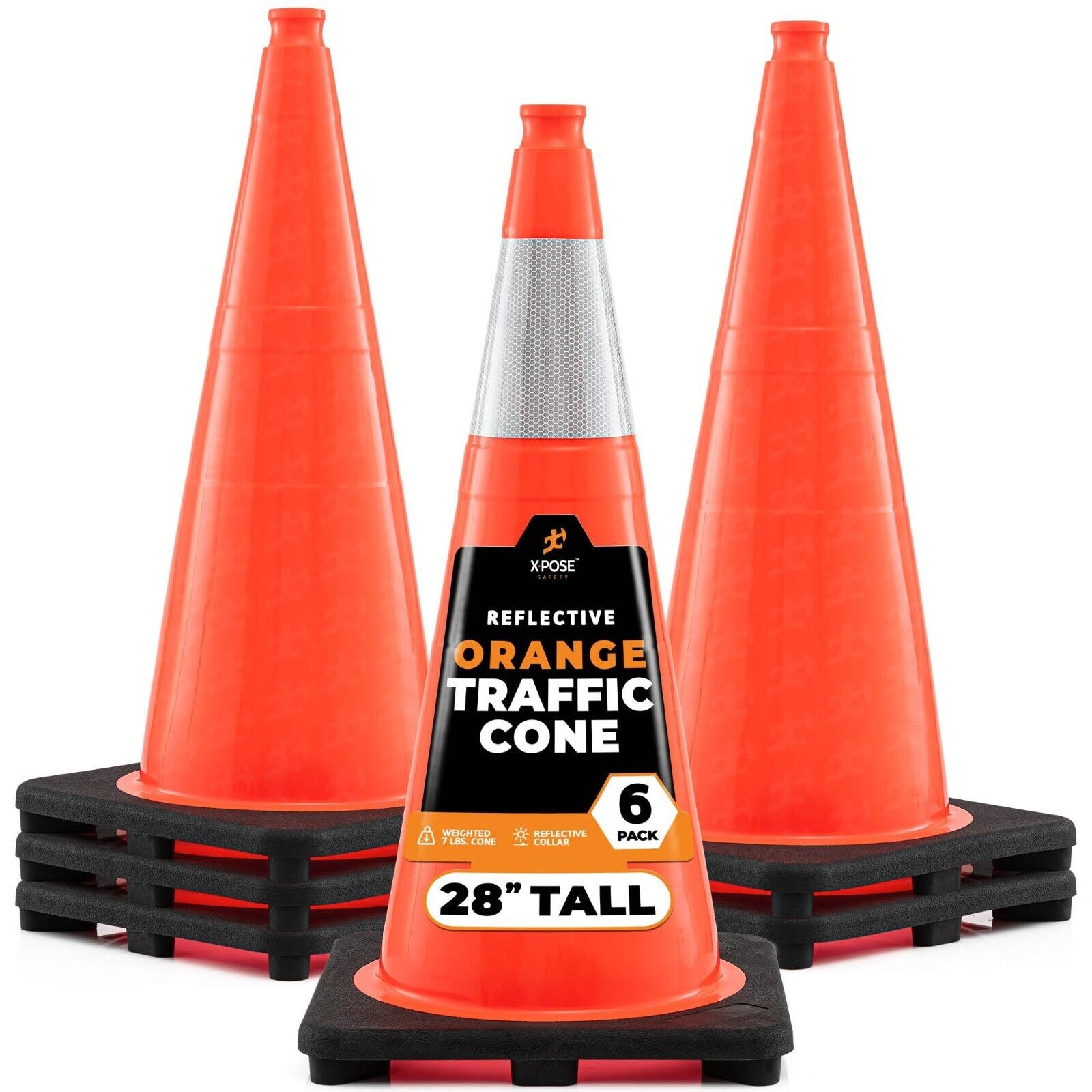 6 of Orange Traffic Cones 28 Inch with 6" Collar - PVC Plastic Safety Cones