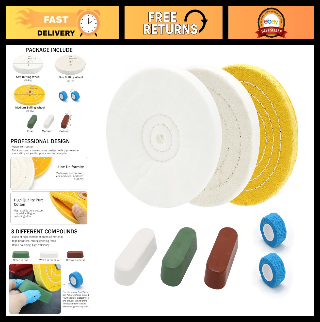 8" Buffing Polishing Wheels Set - Soft/Fine/Medium for Bench Grinder, 3PCS + 7.4