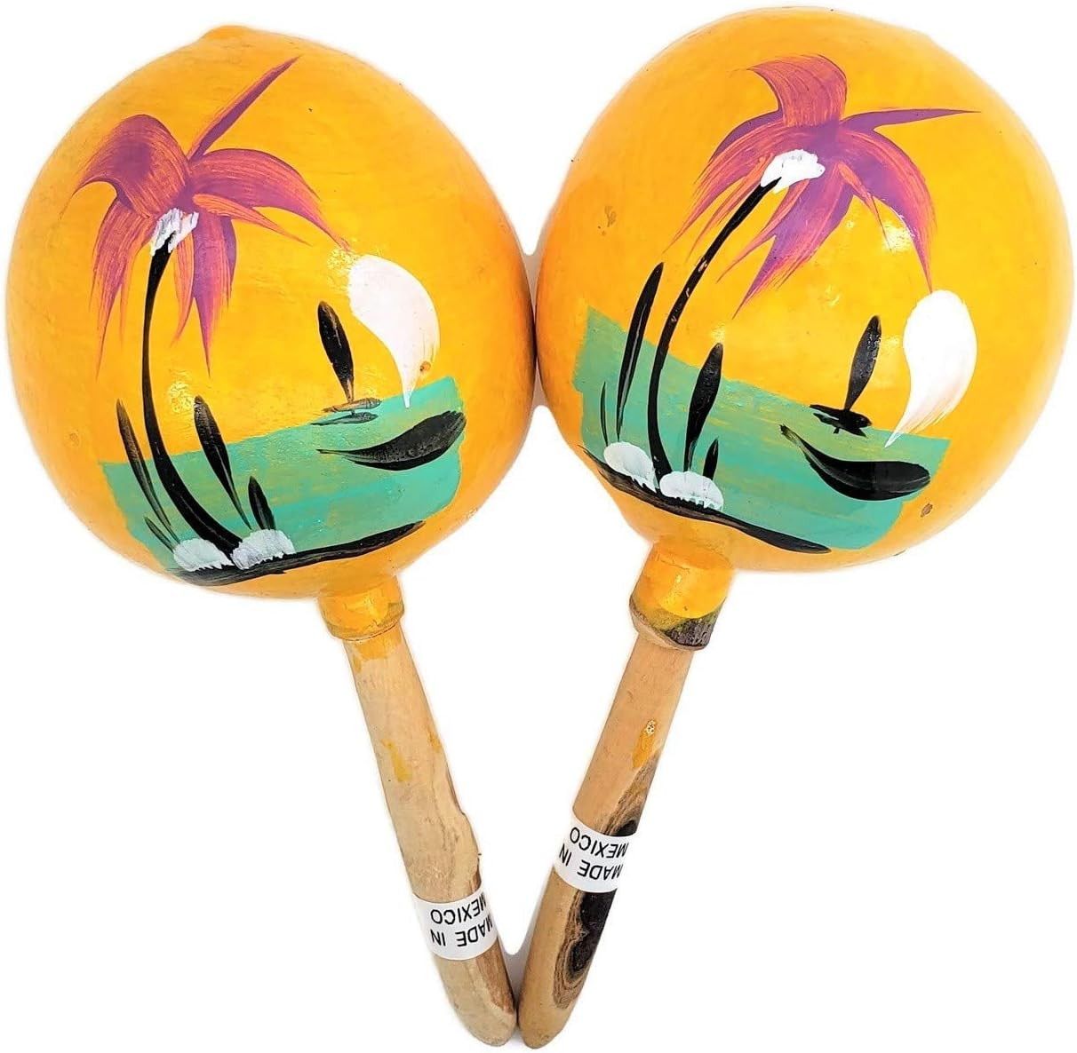 8" Hand Made Genuine Mexican Real Wooden Maracas (Pack of 2) (Yellow)
