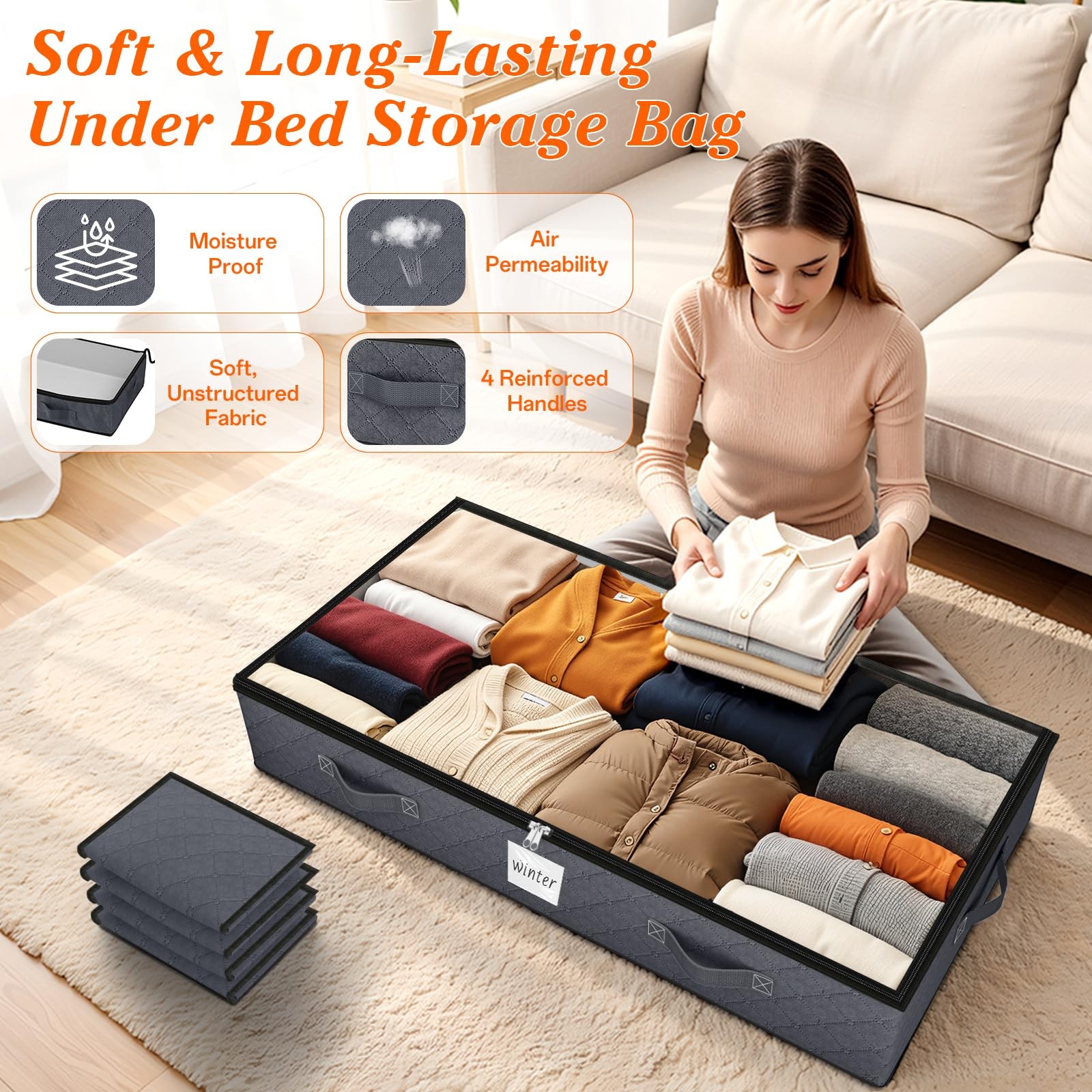 90L Under Bed Storage Containers, 2-Pack Storage Bins with Clear Top, Foldabl...