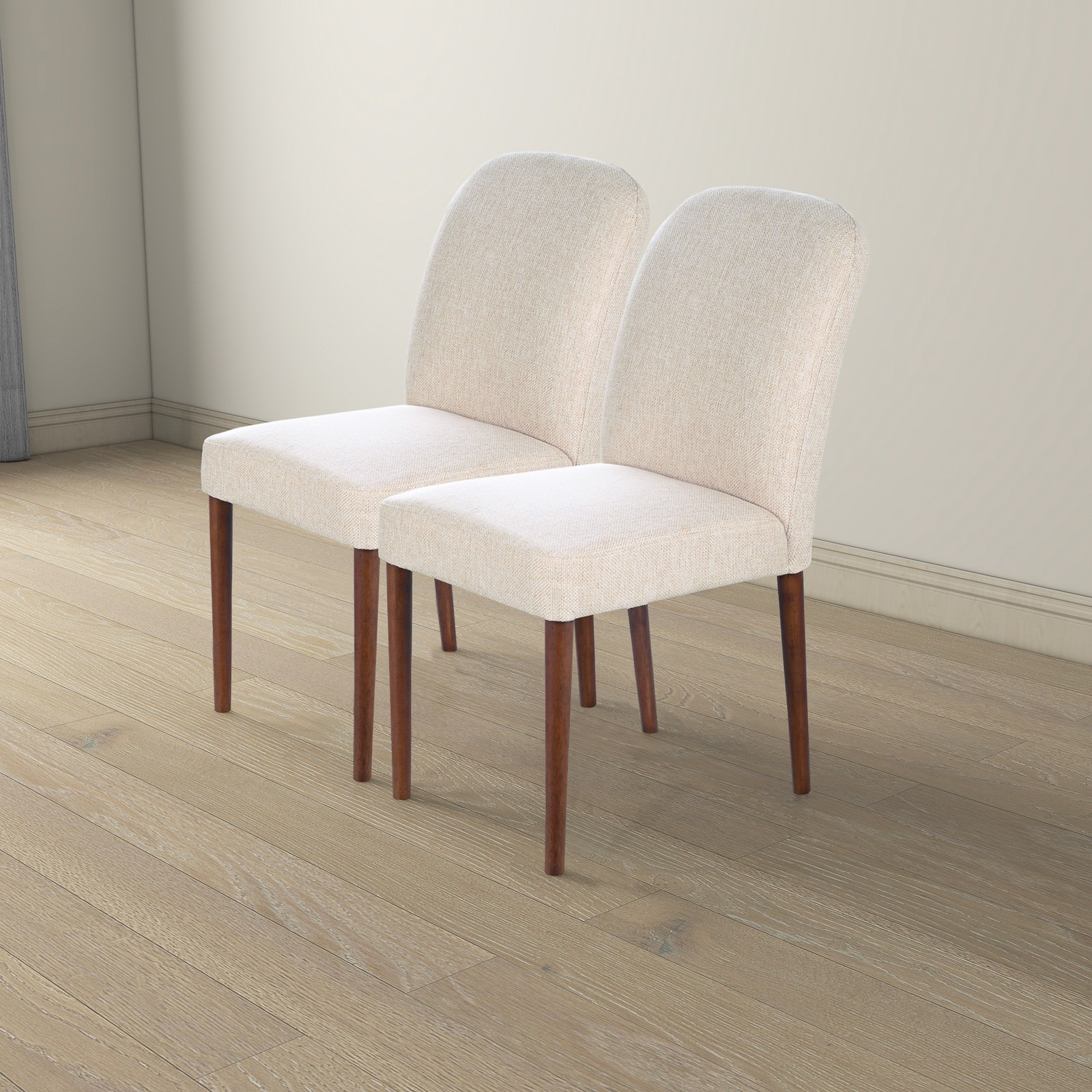 Set of 2 Beige Fabric Dining Chairs, Upholstered Side Chairs with Wooden Legs