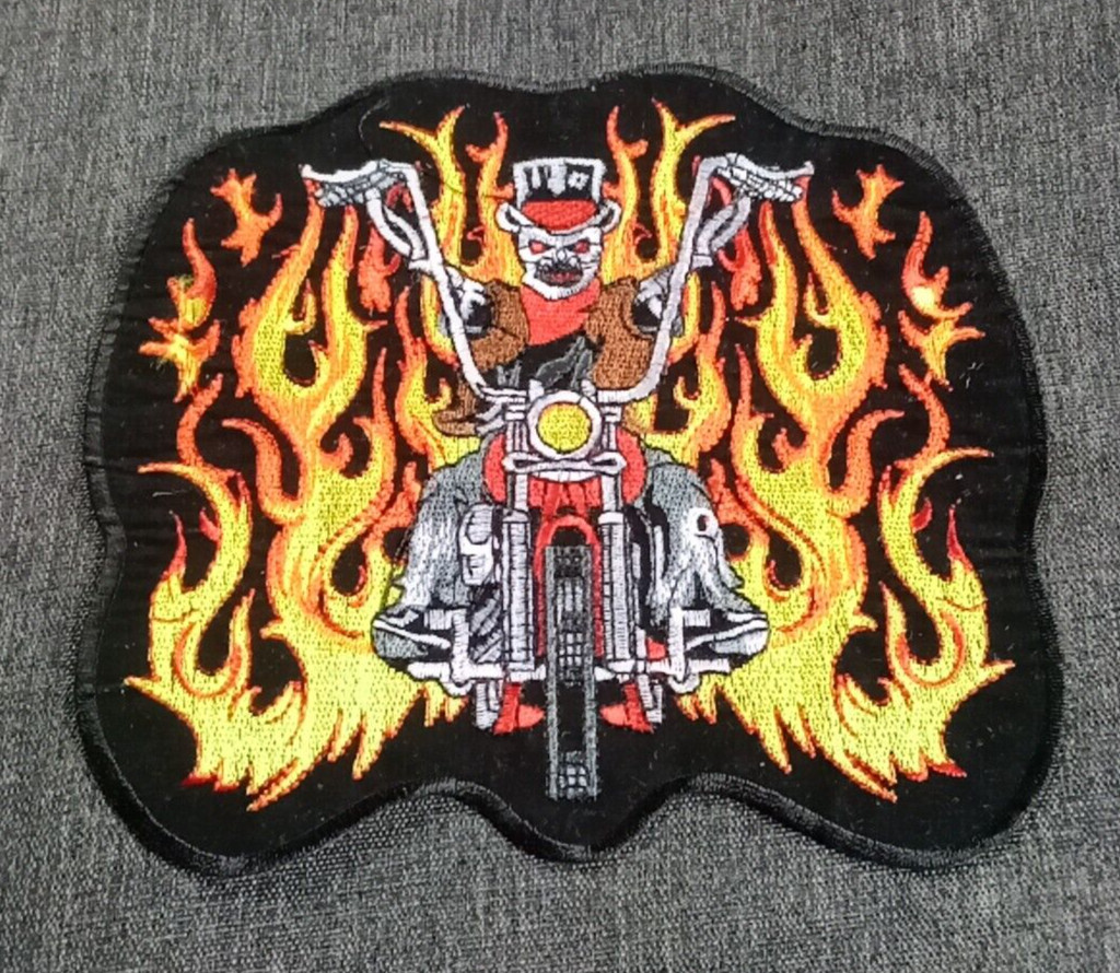 LARGE FLAMING SKELETON BIKER RIDING A MOTORCYCLE JACKET PATCH