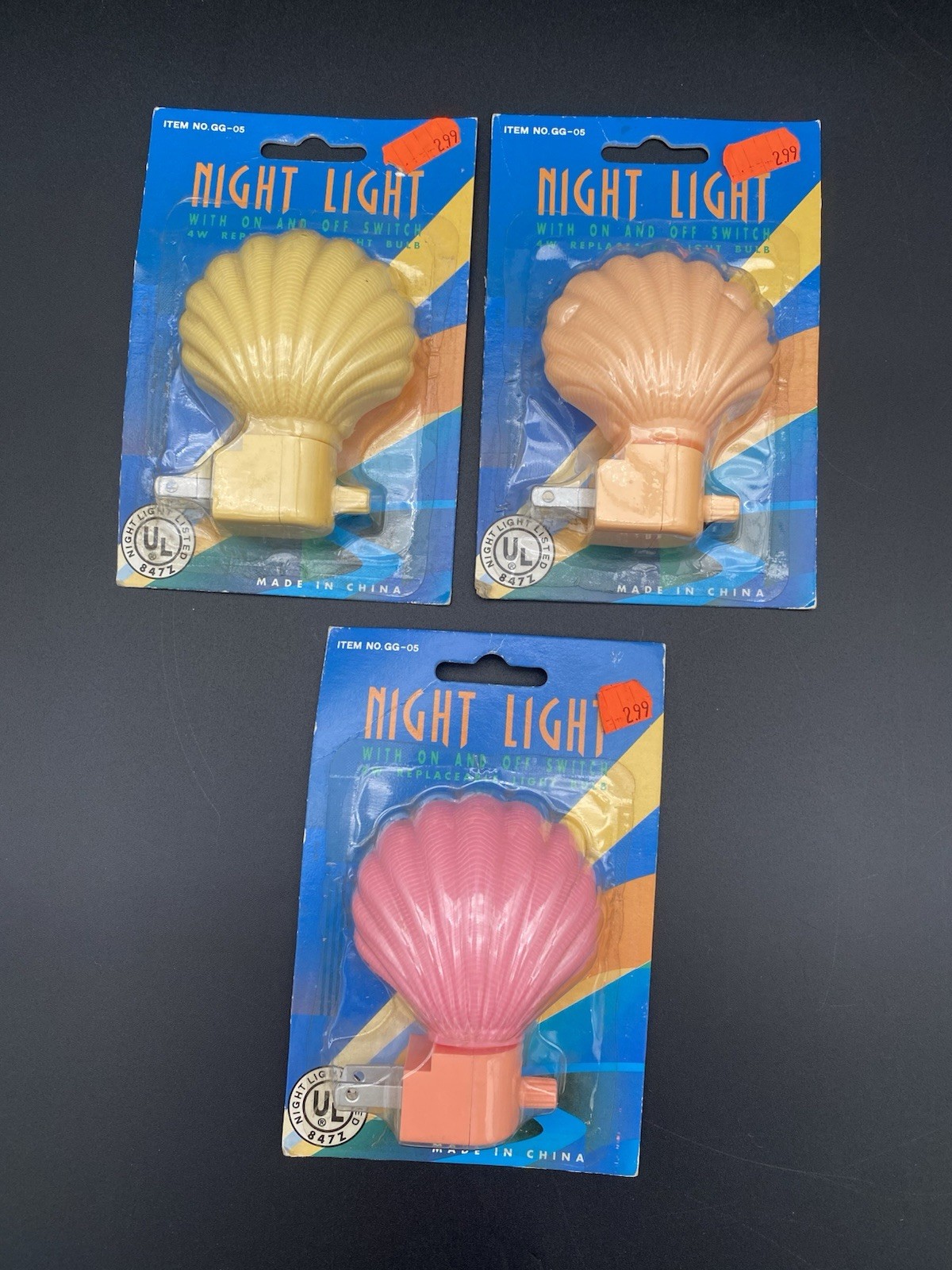 Lot of Three Different 1980's Seashell Night Lights - New - Pink, Peach & Yellow