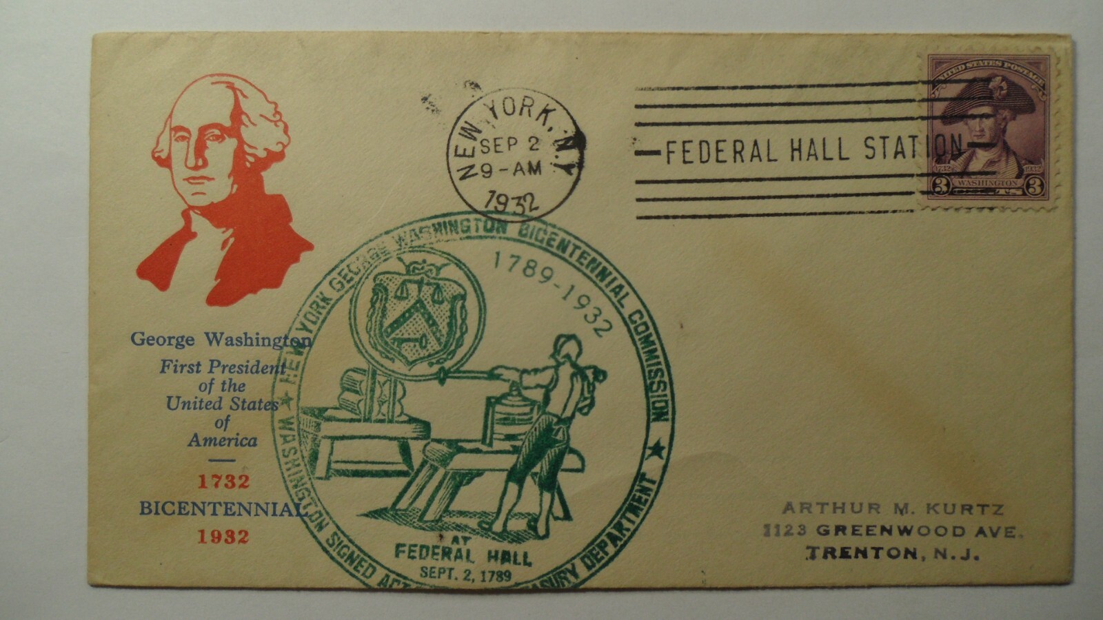 STAMPMART : USA NY 1932 FEDERAL HALL STATION WASHINGTON BICENTENNIAL COVER TO NJ