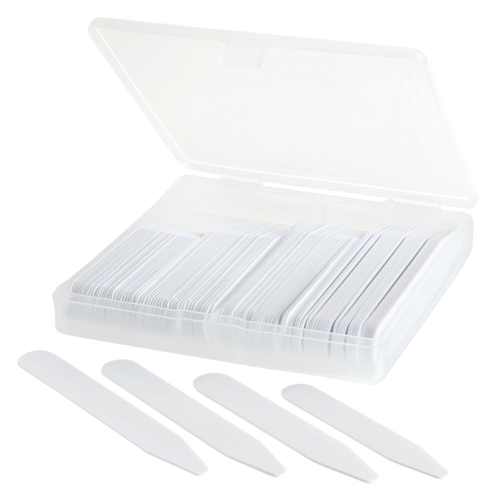 100 Plastic Collar Stays  for Men Shirts 4 Various Sizes In Clear Divided Box